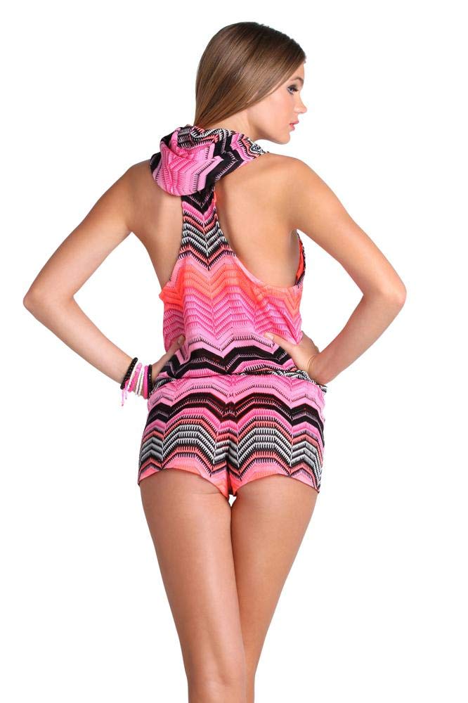 Pink Champagne Crochet Hoodie Romper for Women - Soft Lace-Up Jumpsuit with Multicolor Design | Perfect for Beach Cover-Up, Music Festivals & Boho Chic Outfits