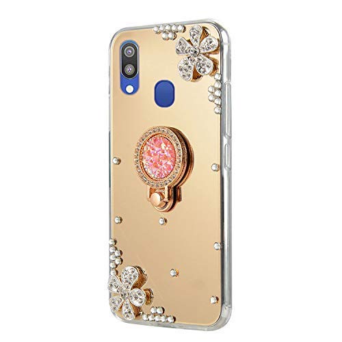 Stylish Mirror Gold Glitter Rhinestone Flower Case with Ring Kickstand & Finger Holder for Samsung Galaxy A20/A30 - Perfect for Makeup, Selfies & Everyday Protection