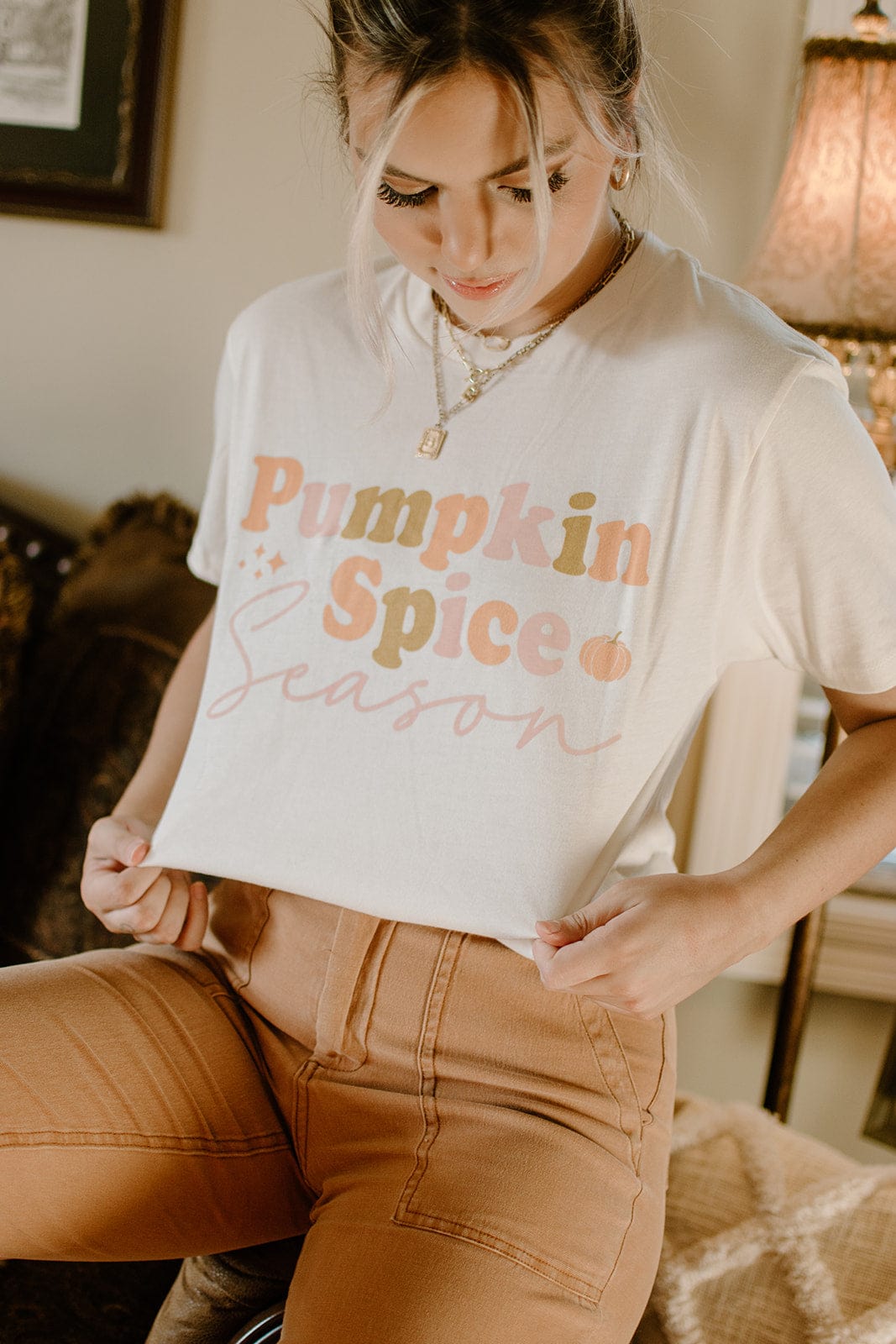 Vintage Pumpkin Spice Cream Color T-Shirt - Soft Cotton Retro Graphic Tee for Fall Fashion & Cozy Outfits