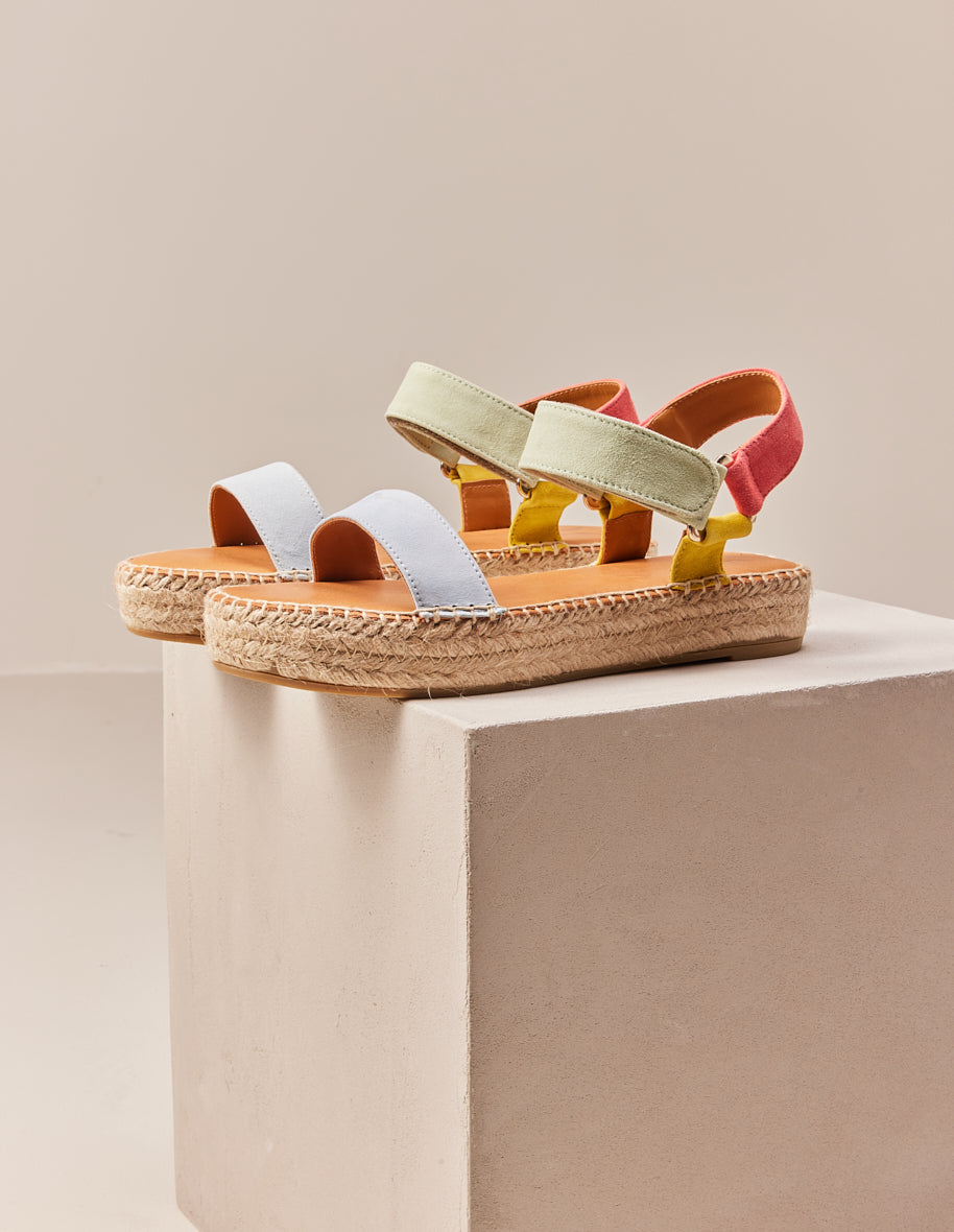 Women's Coral, Sky & Yellow Suede Espadrilles - Comfortable Summer Sandals for Beach, Vacation & Casual Outings