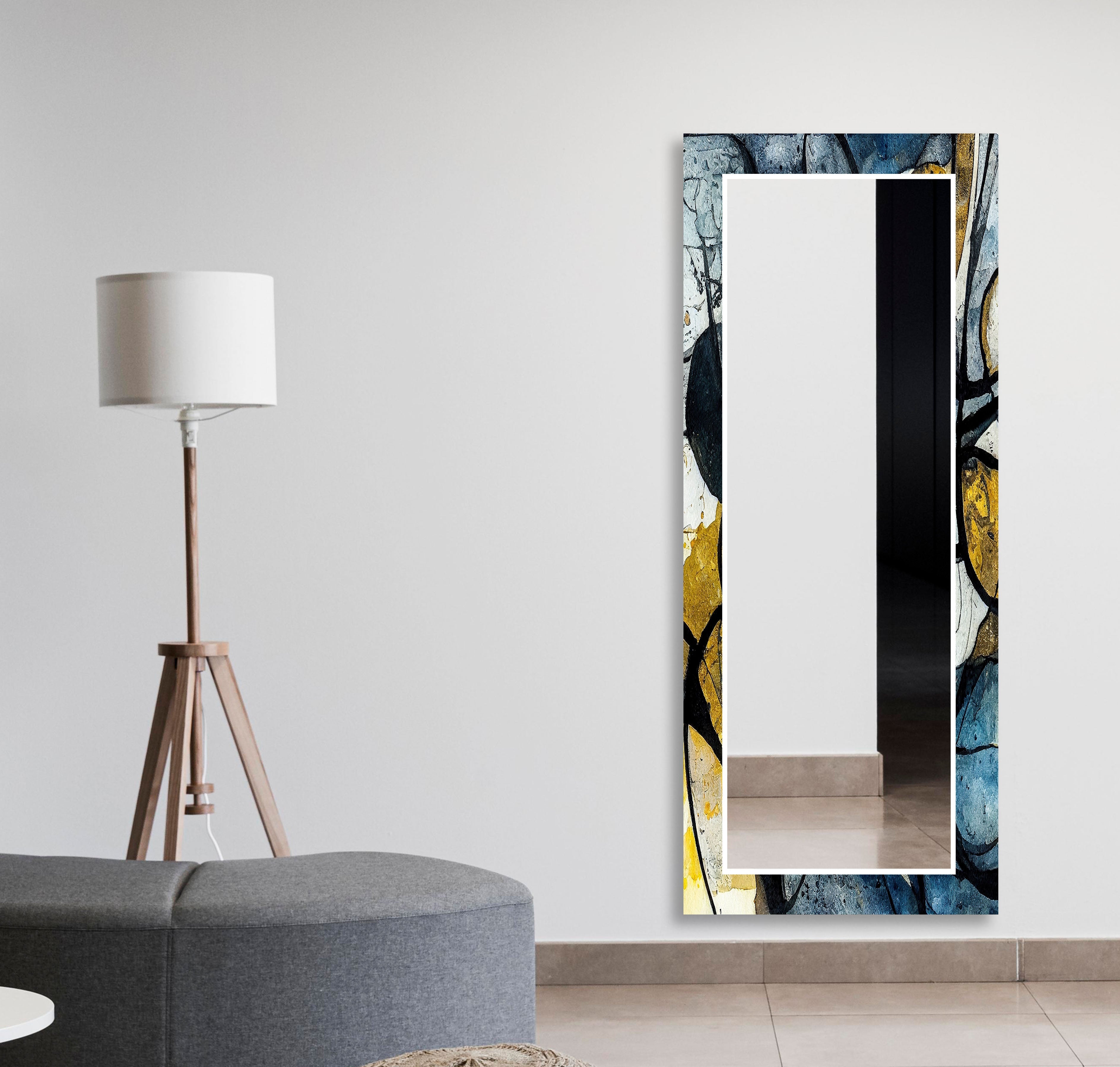 Abstract Wall Mirror in Blue and Yellow Ink - Modern Home Decor for Living Room, Bedroom, or Office