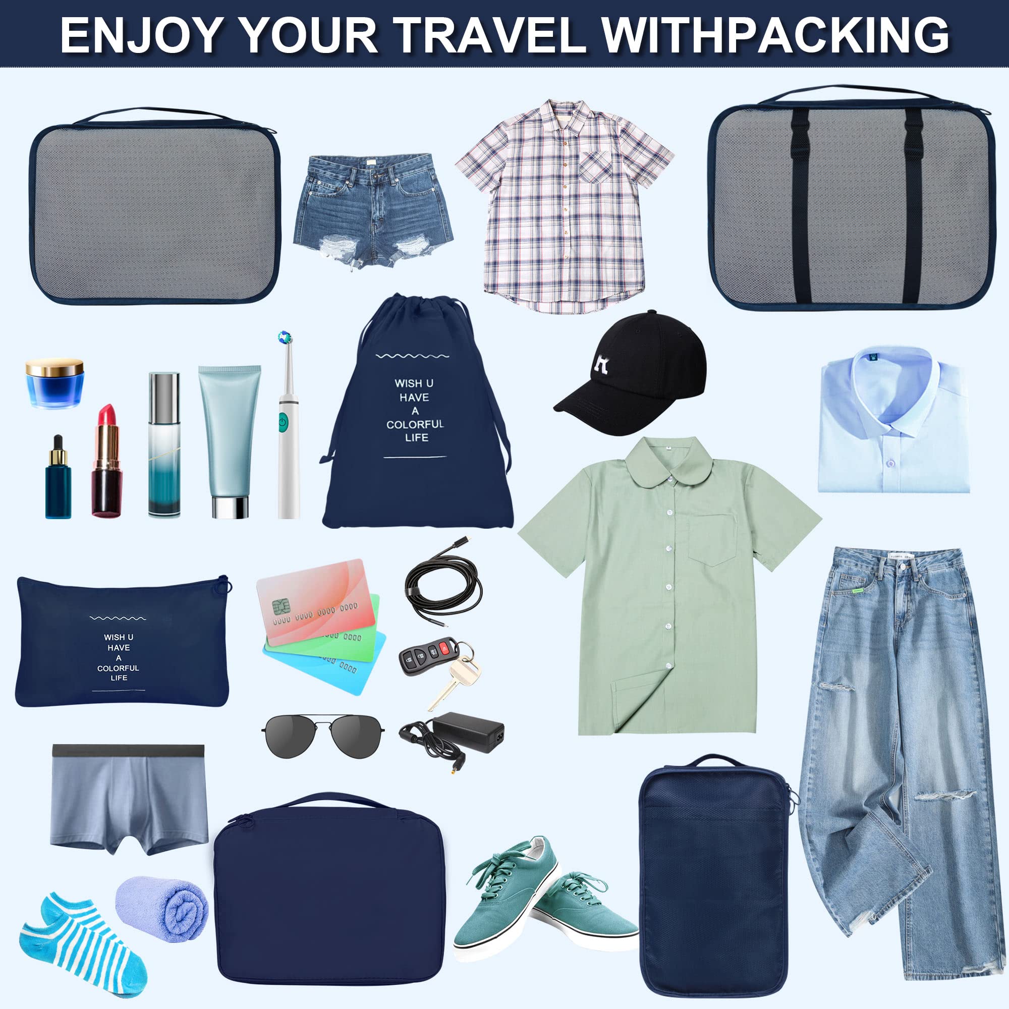 8-Piece Packing Cubes Set for Suitcases - Navy Blue Travel Luggage Organizer with Laundry Bag, Compression Storage & Shoe Bag - Perfect for Men & Women Travel Organization (Ideal for Business Trips, Vacations & Weekend Getaways)
