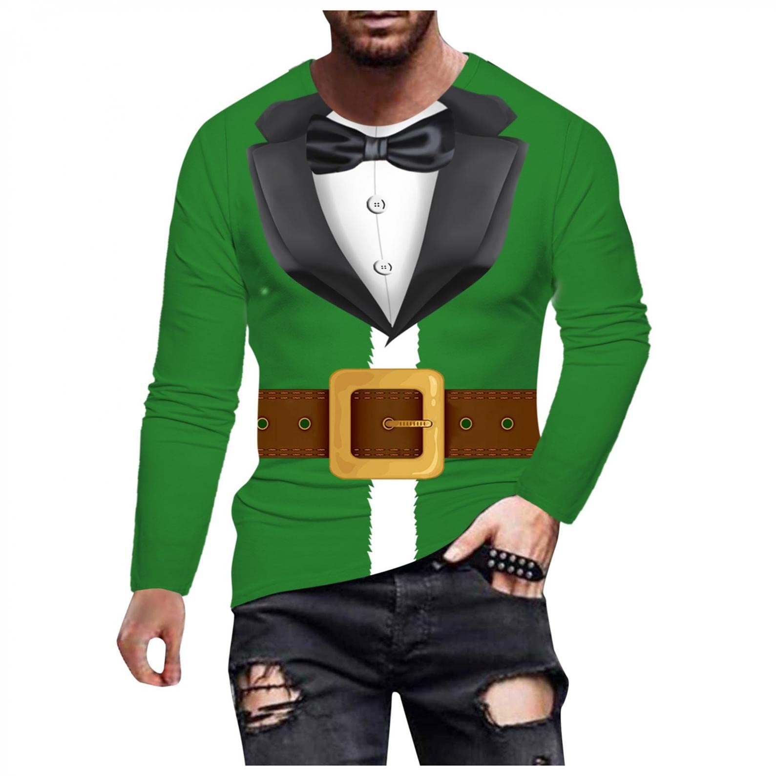 WOCACHI Men's Christmas Soldier Long Sleeve T-Shirt - Funny Santa Claus Snow Print Casual Athletic Top for Holiday Parties & Festive Gatherings