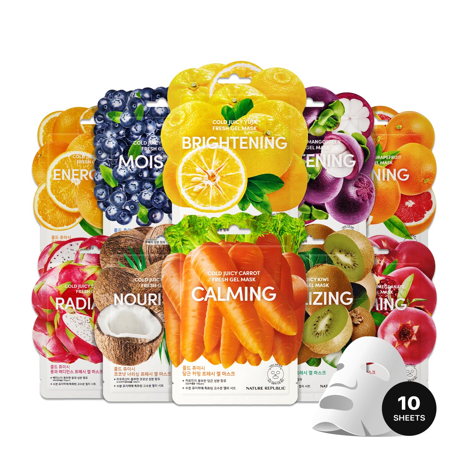 Nature Republic COLD JUICY FRESH Jelly Mask 10-Pack - Vegan Korean Sheet Masks for Hydration & Glowing Skin | Spa Facial Treatment for All Skin Types | Perfect for Self-Care Routine & Relaxation at Home