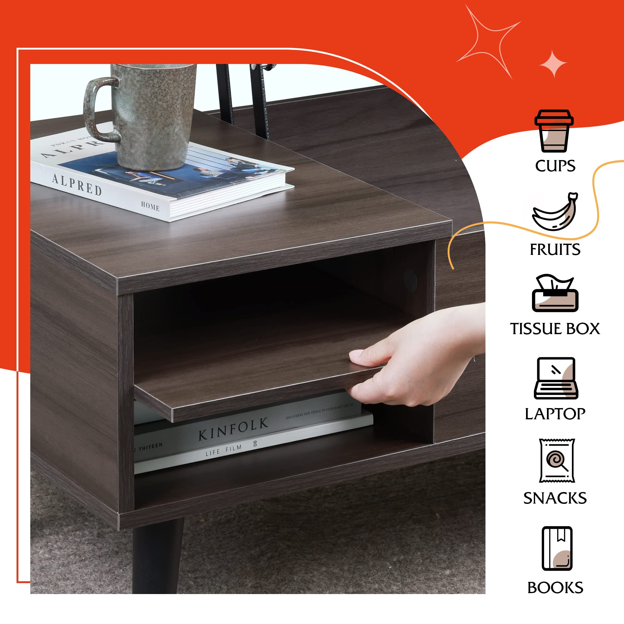 WLIVE Lift Top Coffee Table with Storage - Modern Mid Century Wooden Side Table with Hidden Compartment & Adjustable Shelf for Living Room, Bedroom, Office - Grey Home Decor Furniture
