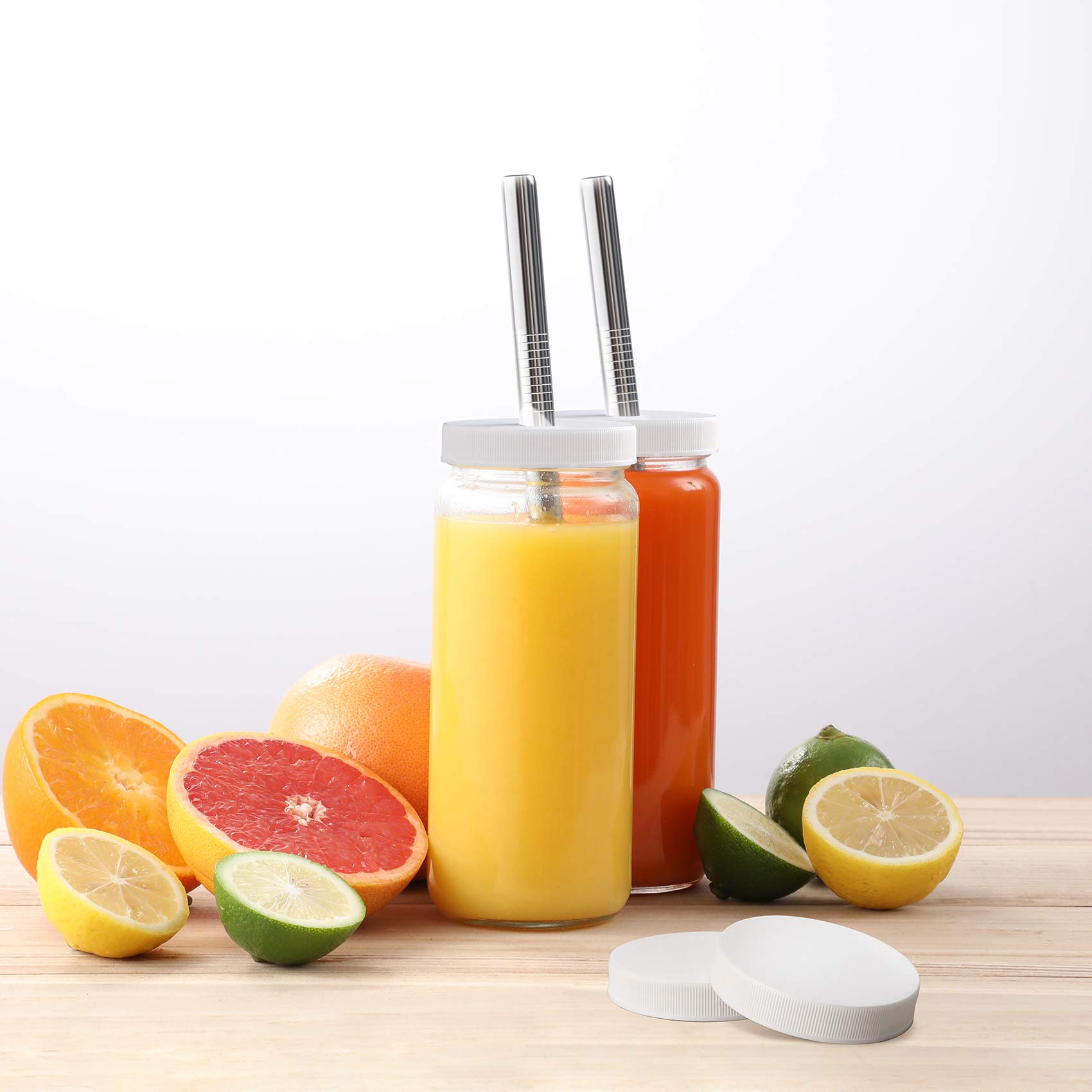 8 Pack 16oz Glass Juice Bottles with 2 Straws & 2 Lids - Reusable Mason Jars for Juice, Smoothies, Bubble Tea, Kombucha - Leakproof Travel Drinking Cups with White Airtight Lids - Perfect for Home, Office, Gym & Outdoor Activities