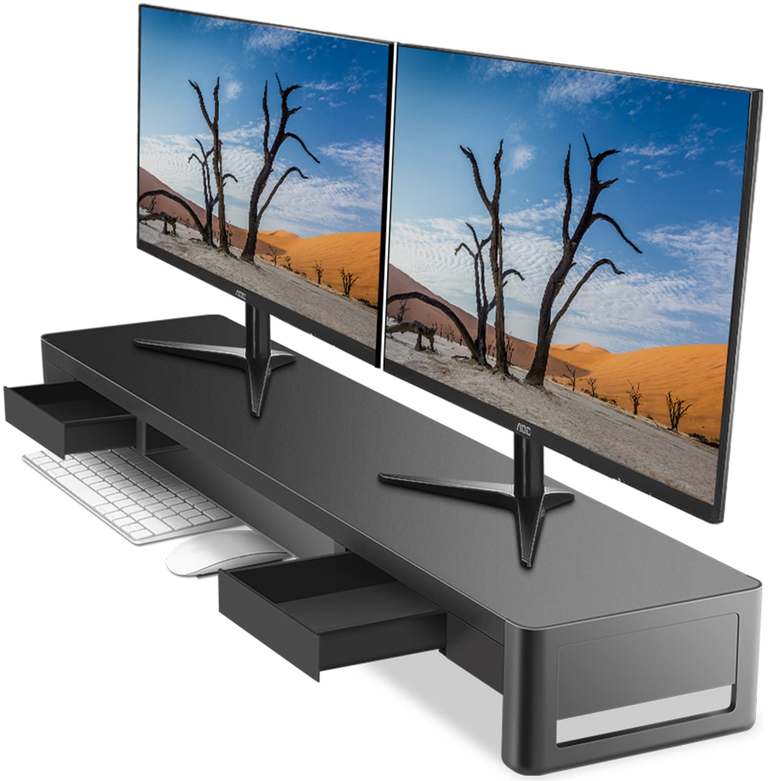**Dual Monitor Stand Riser with 2 Storage Drawers - Metal Computer Monitor Shelf with Pull-Out Drawer, Keyboard & Mouse Storage - Desktop Organizer for PC, Laptop, iMac, TV, Printer - Perfect for Home Office & Gaming Setup**