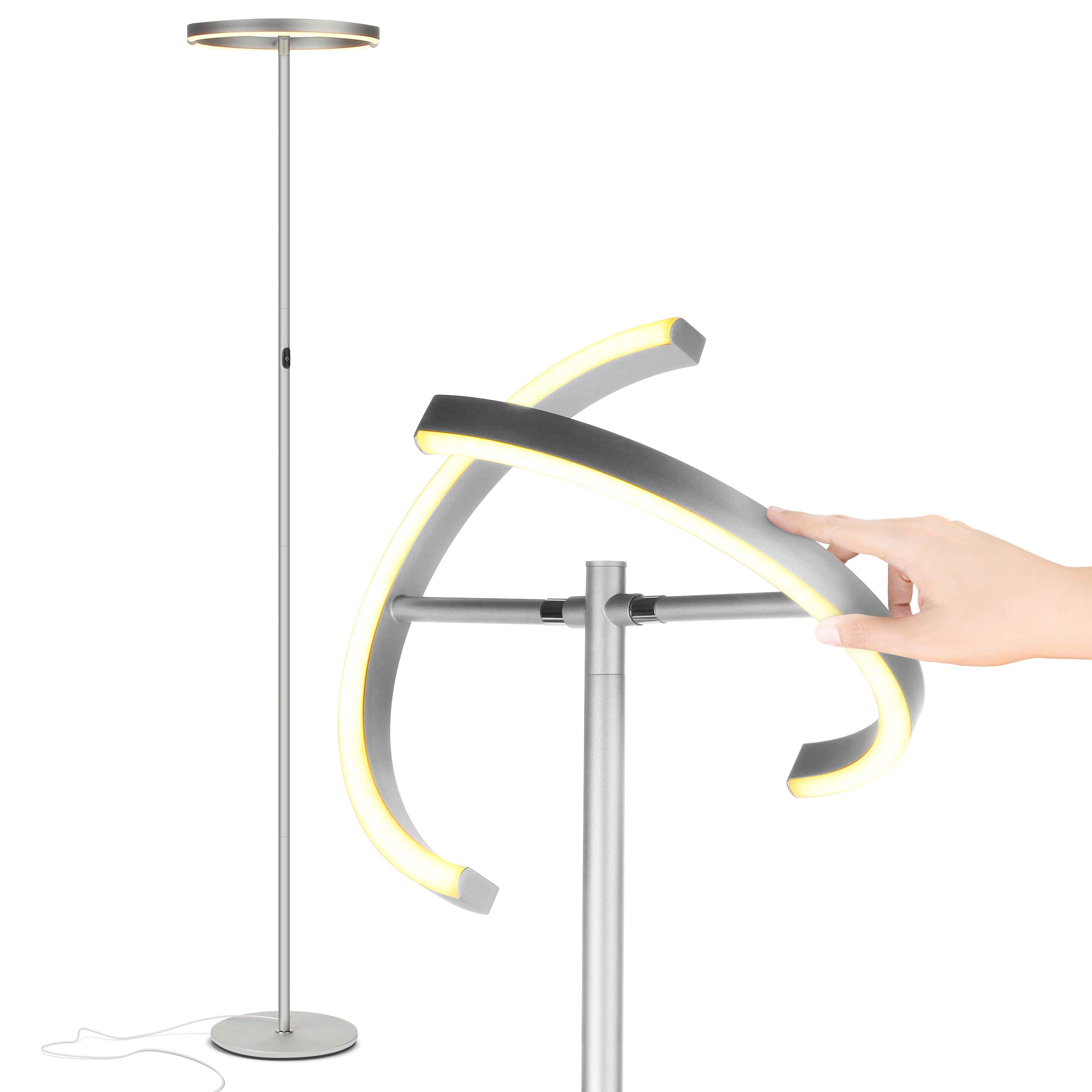 Brightech Halo Split LED Floor Lamp - Dimmable Modern Torchiere Standing Light for Office, Living Room & Bedroom - Adjustable Rotating Angles in Platinum Silver - Perfect for Reading, Working & Ambient Lighting