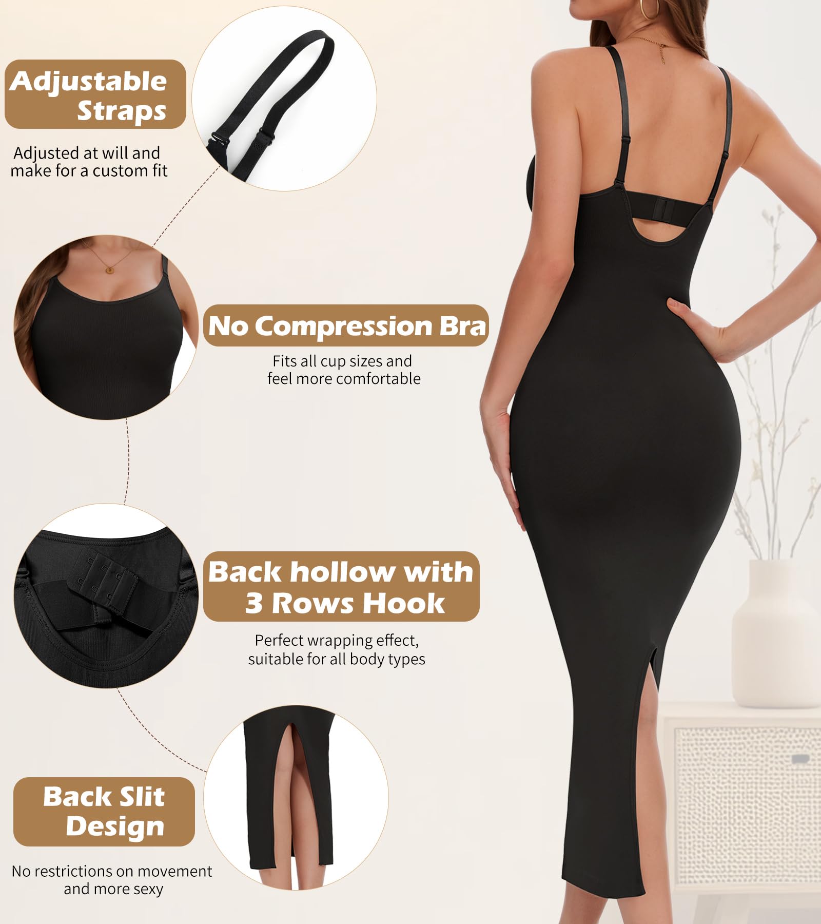 Best Shapewear Slip Dress for Women – Tummy Control Slimming Long Slip Dress with Back Slit – Perfect for Weddings, Evening Parties & Office Wear
