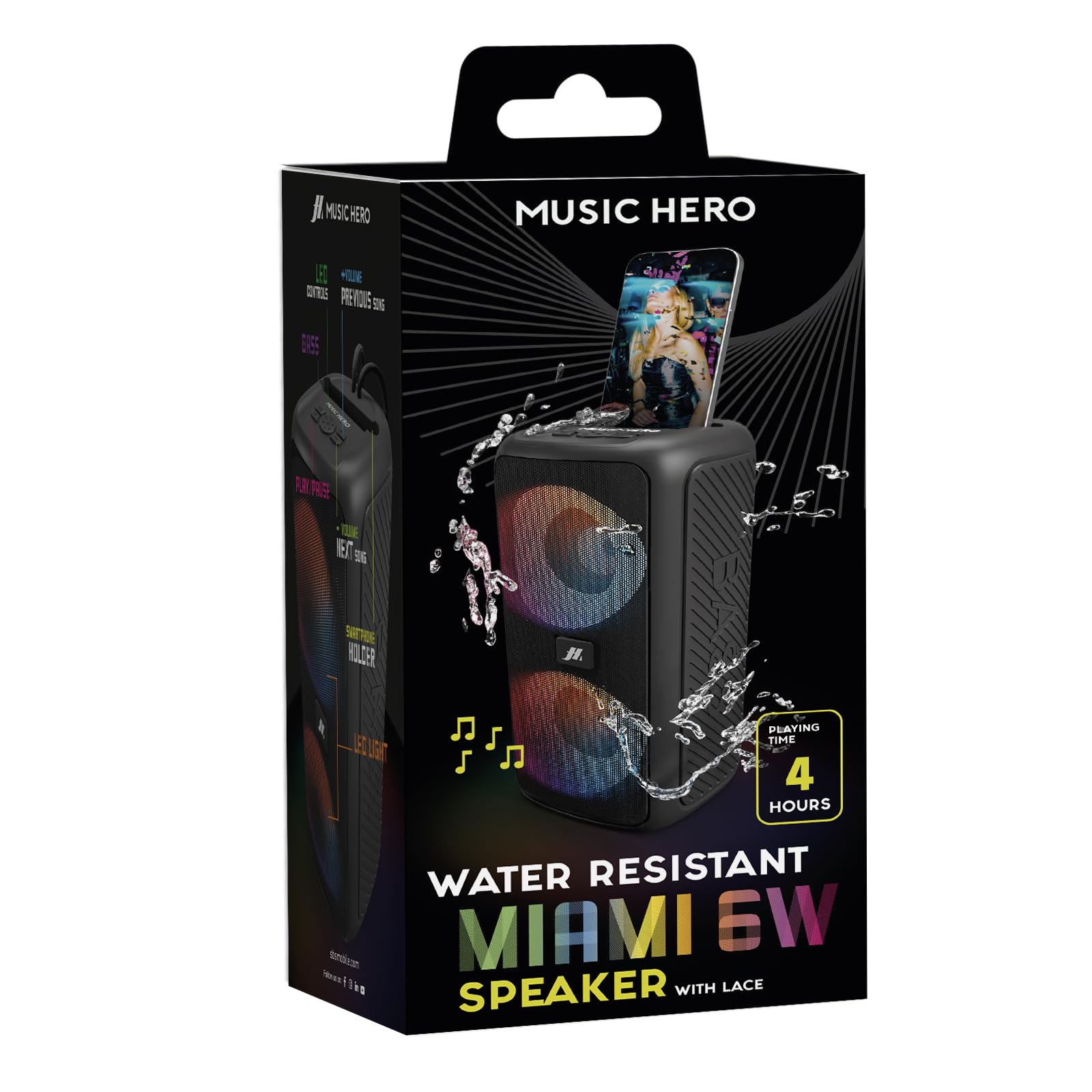 Music Hero 6W Wireless Bluetooth Speaker with Multi-Input, Smartphone Holder, IPX5 Water Resistant, Built-in LED Lights, Carabiner & Mic - Perfect for Outdoor Adventures, Pool Parties & Travel (Black)