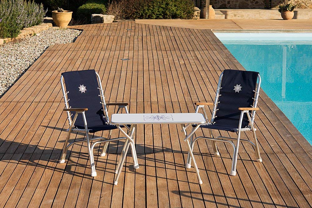 FORMA MARINE High Back Boat Chairs - Black Folding Deck Chairs with Aluminum Frame & Teak Accents - Set of 2 (M150BL) - Perfect for Yachts, Boats, and Outdoor Waterfront Lounging