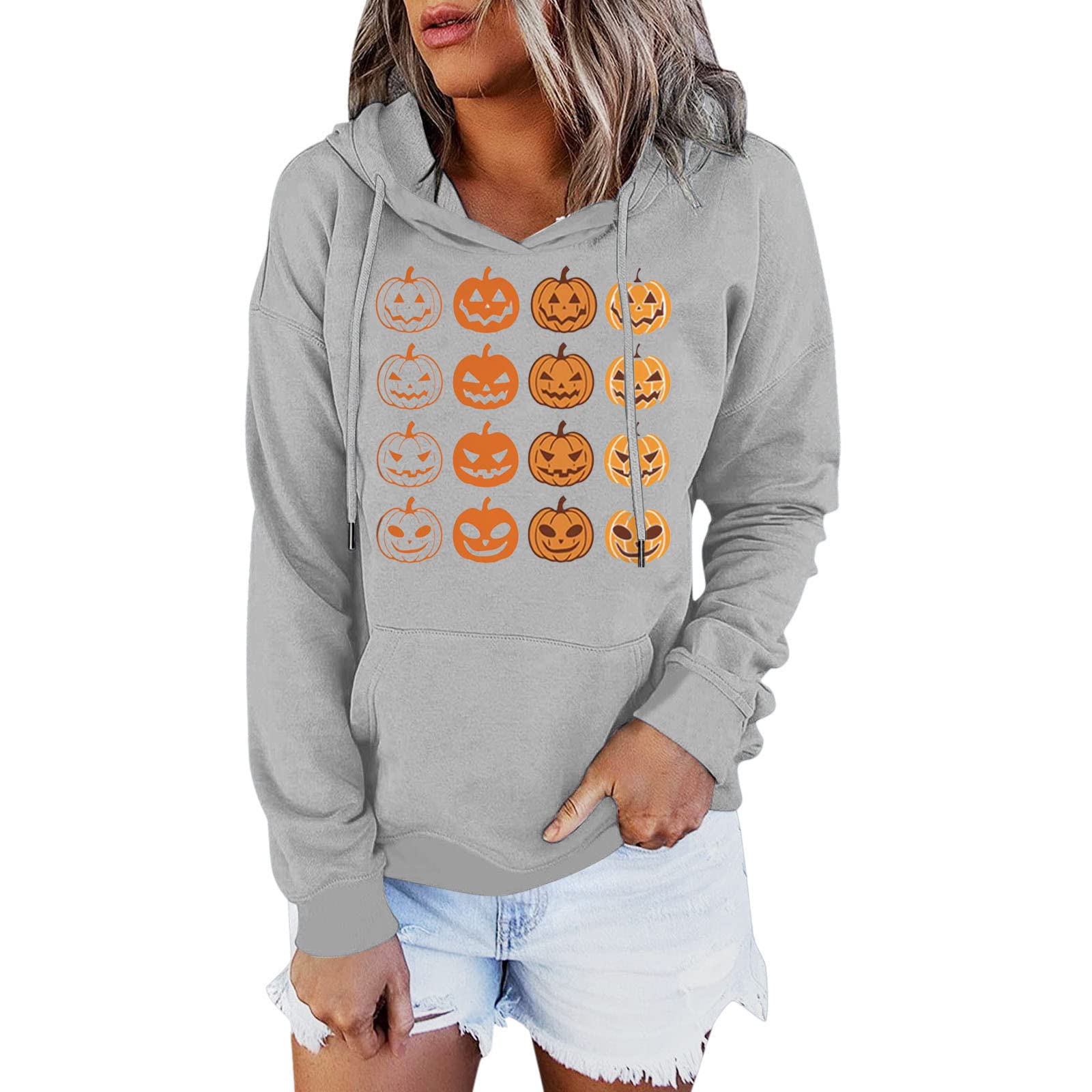 Trendy Colorblock Hoodie for Women & Teens - Fashionable Long Sleeve Sweatshirt with Halloween Pattern | Perfect for Fall Outfits, Casual Wear & Halloween Costumes