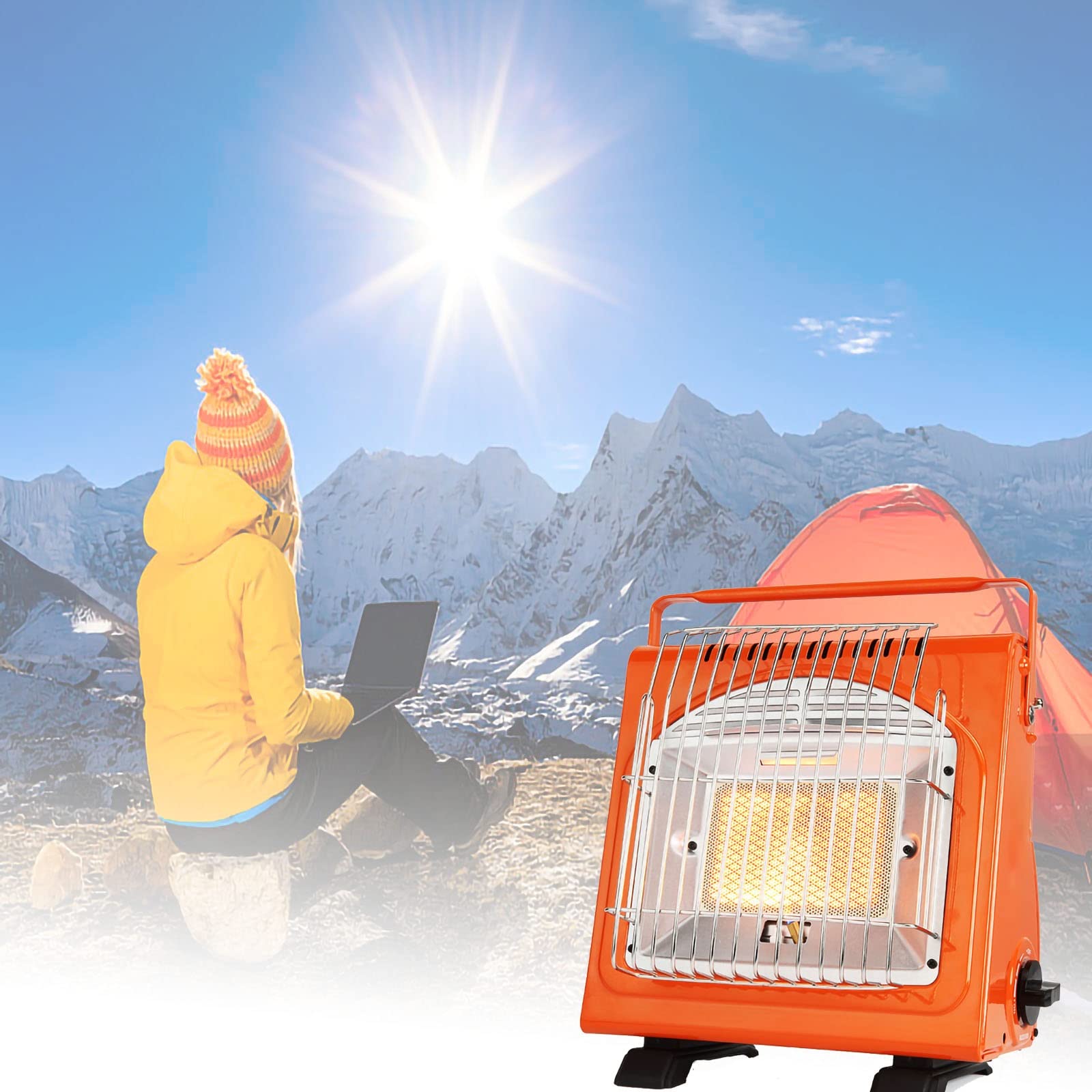 Portable Butane Gas Heater Fan - Outdoor Camping Tent Heater for Picnics, Travel & Emergency Use - Lightweight & Multipurpose (Orange) - Perfect for Backpacking, RV Trips & Winter Camping