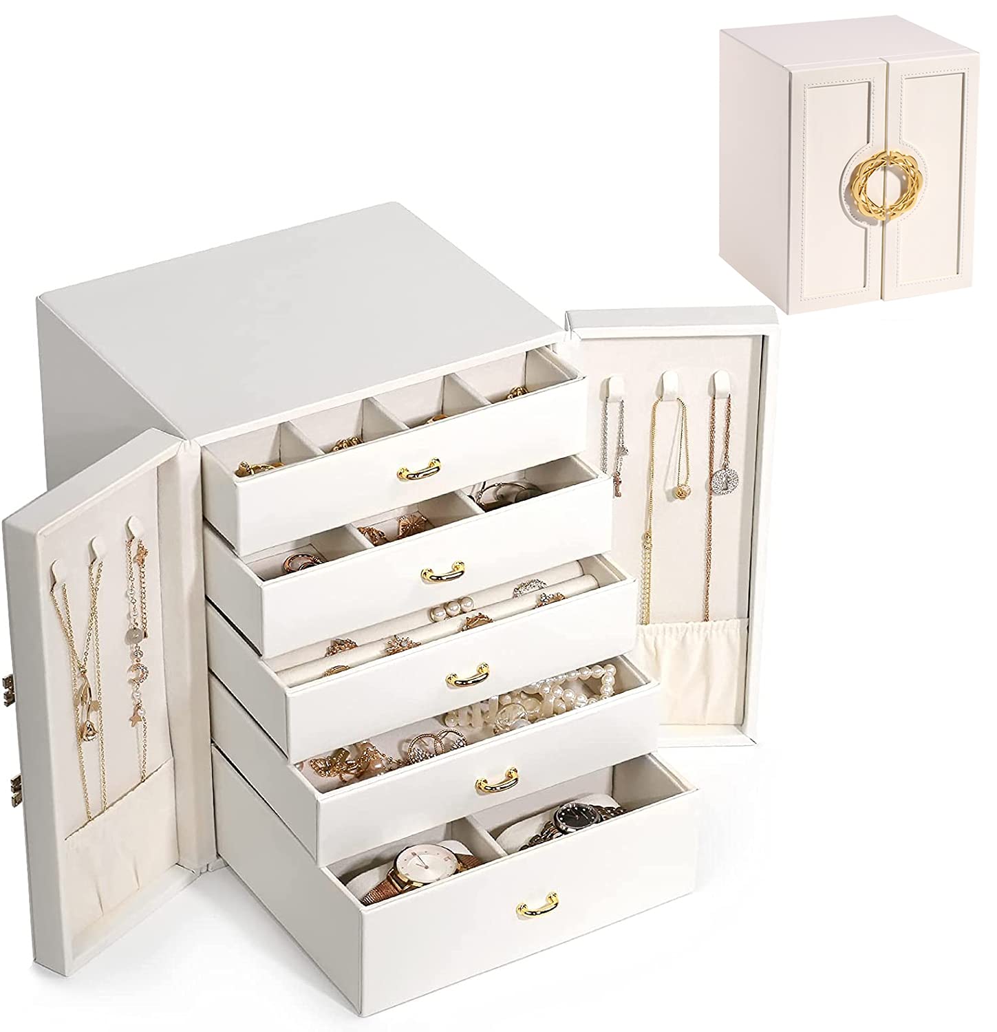 5-Tier Jewelry Organizer Box - Large White Synthetic Leather Storage Case with Drawers for Rings, Bracelets, Earrings, Necklaces, Watches & Sunglasses | Perfect for Women's Bedroom Vanity, Closet & Travel