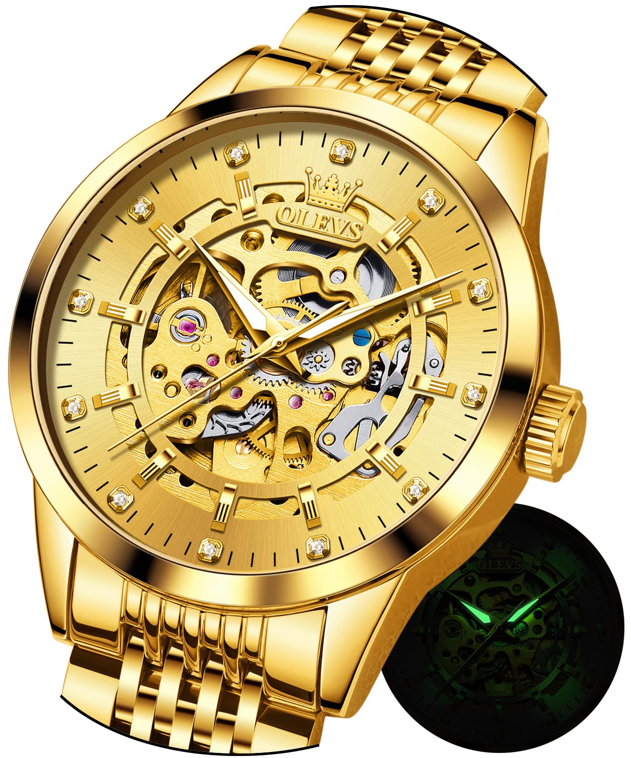 OLEVS Men's Automatic Diamond Skeleton Luxury Watch - Stainless Steel Waterproof Mechanical Wristwatch with Luminous Hands | Perfect for Business, Formal Events & Everyday Wear