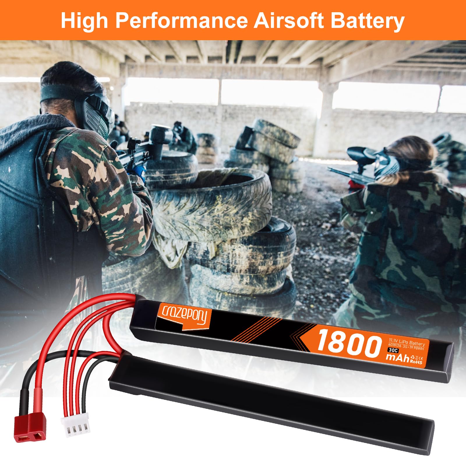 Crazepony 11.1V 1800mAh 3S LiPo Battery with Deans T Plug to Mini Tamiya Adapter Cable - Perfect for RC Cars, Drones, and Remote Control Vehicles