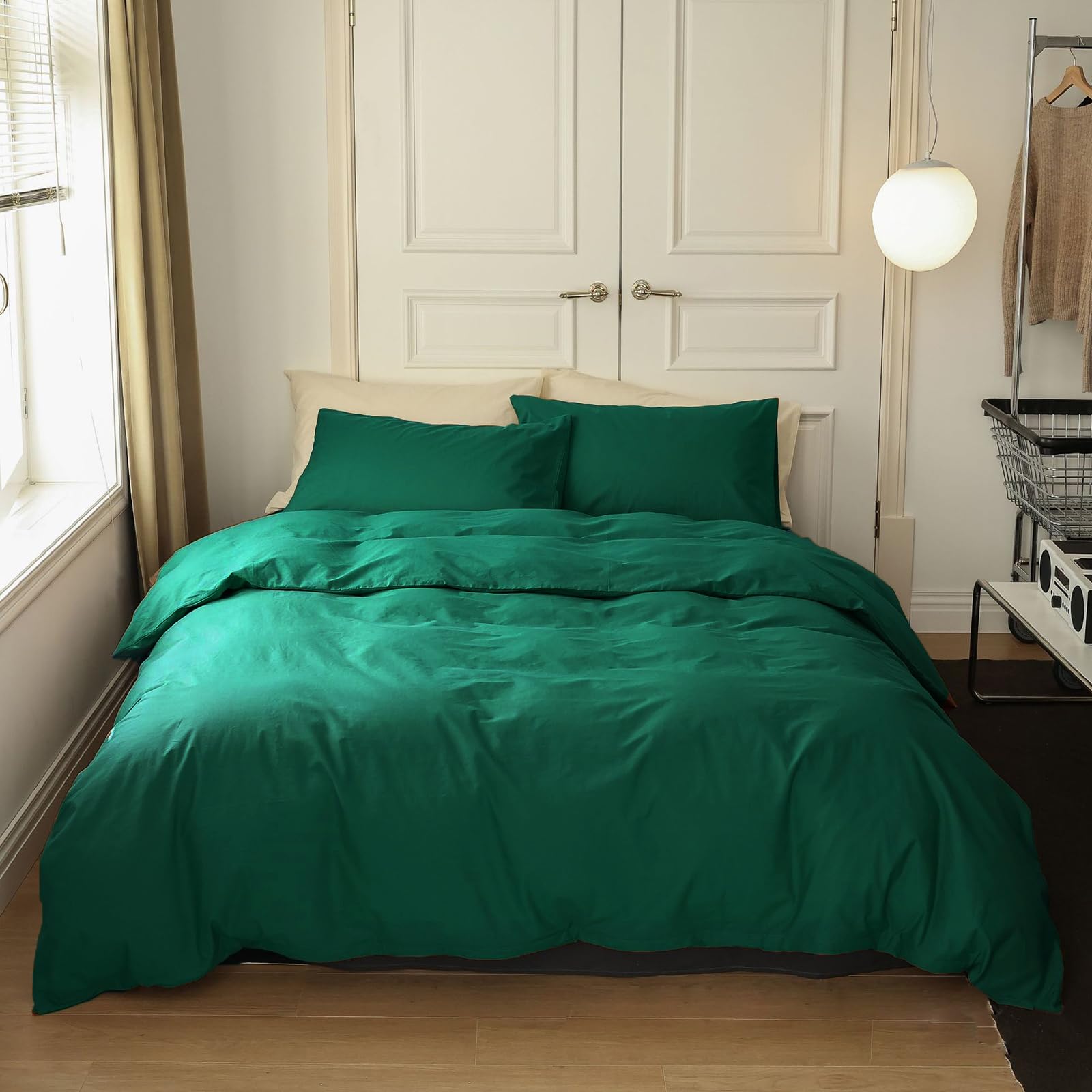 Emerald Green Cotton Comforter Set Full Size - Dark Green Solid Color Bedding for Adults & Kids - Modern Peacock & Forest Green Duvet Cover - Perfect for Master Bedroom, Guest Room & Kids' Room