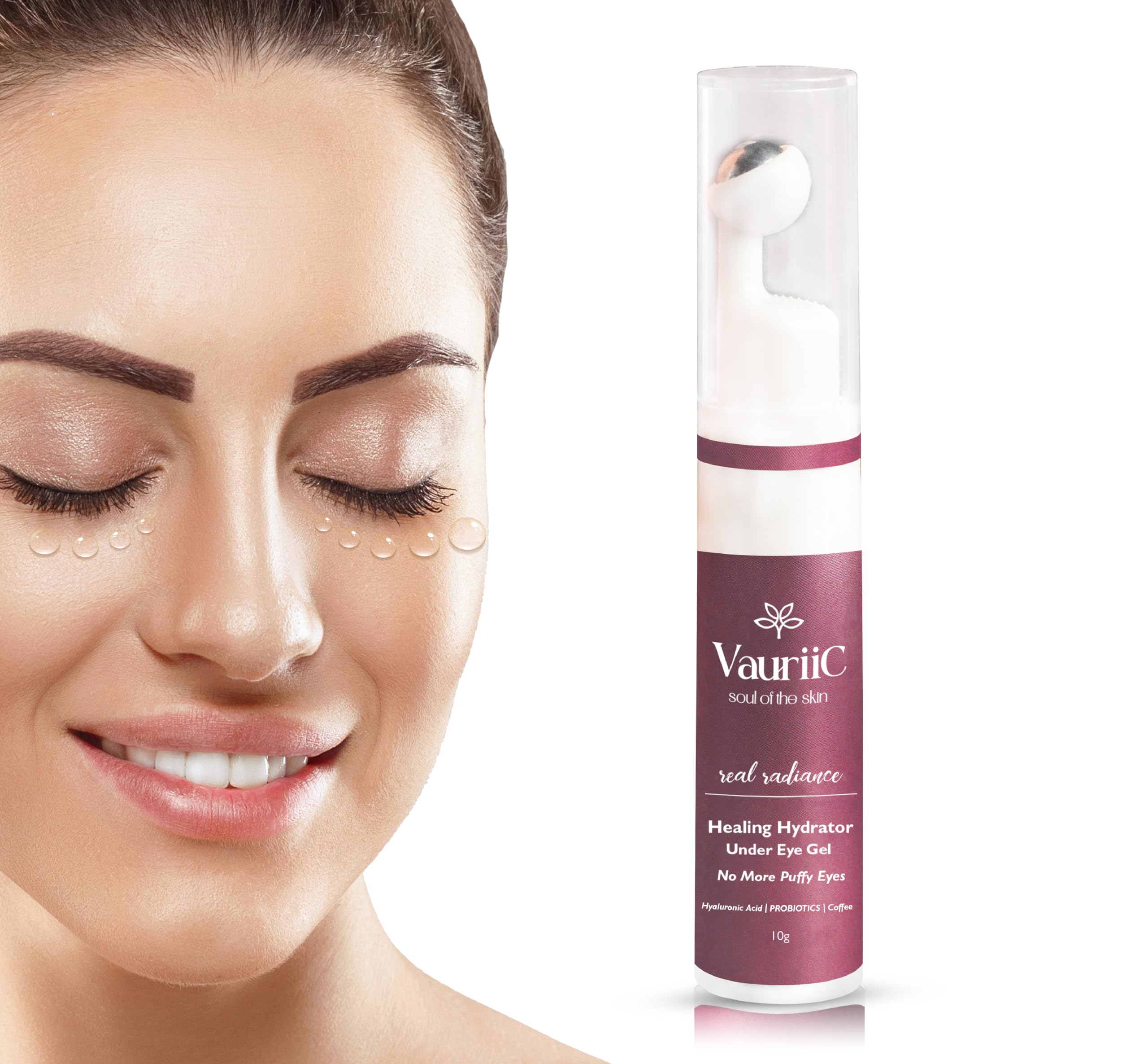 VauriiC Vitamin C & Coffee Under Eye Cream Gel for Dark Circles, Puffiness, Wrinkles - Hydrating Eye Treatment with Hyaluronic Acid, Niacinamide, Probiotics & Massage Roller | 100% Vegan, Natural, Paraben-Free | Men & Women, All Skin Types | 10g | Perfect for Morning & Night Skincare Routine