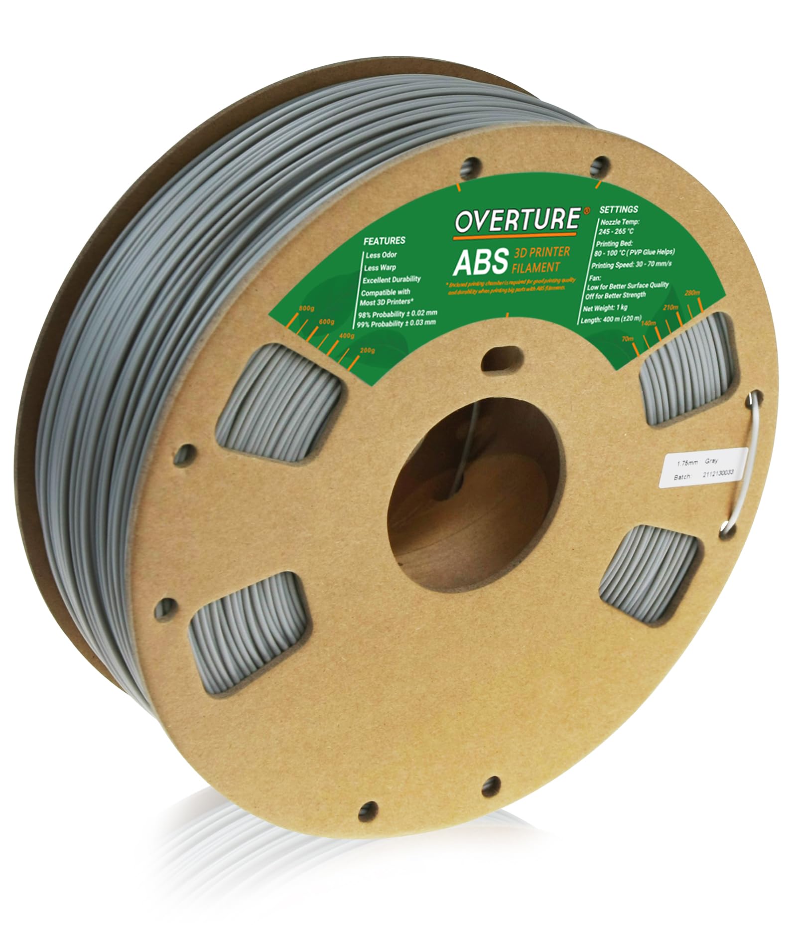OVERTURE ABS Filament 1.75mm 1kg Spool (2.2lbs) - High Precision 3D Printer Filament with +/- 0.03mm Accuracy - Compatible with Most FDM Printers (Gray) - Perfect for DIY Projects, Prototyping & Home 3D Printing