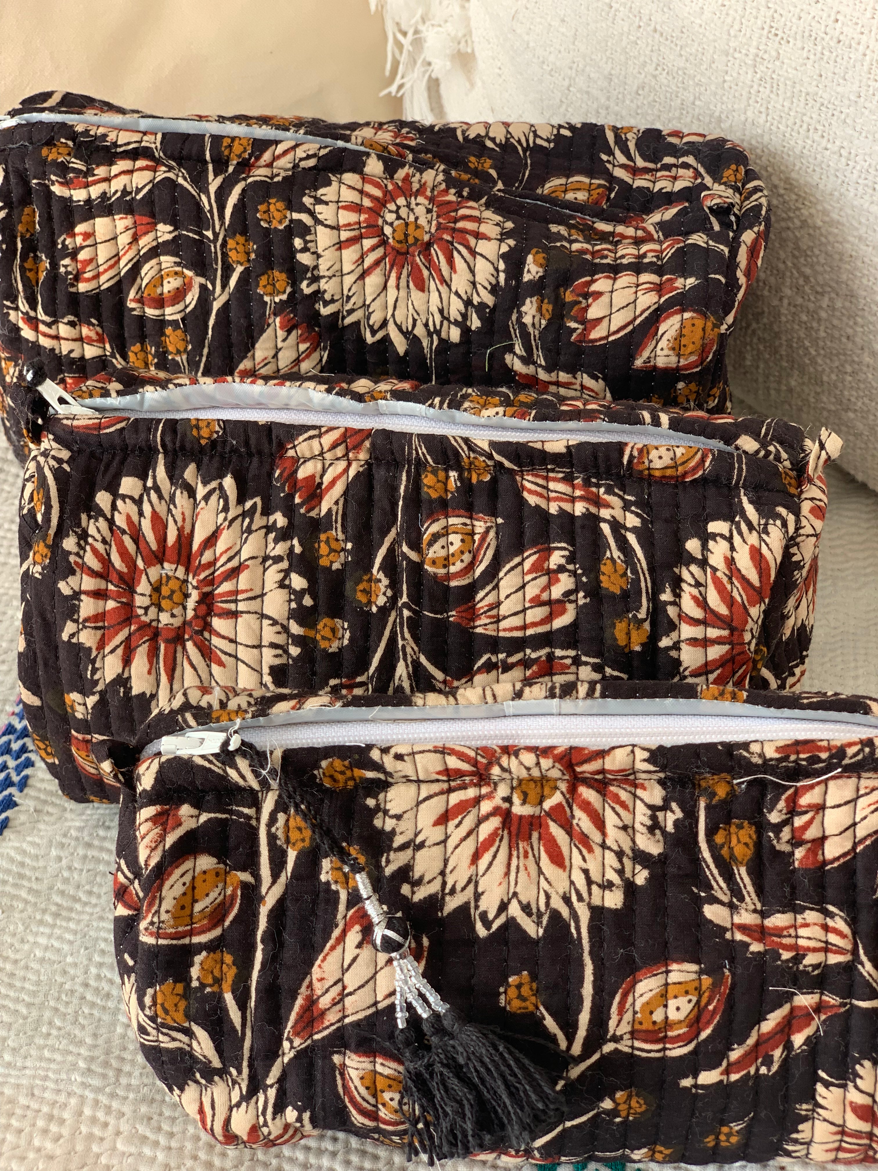 Handmade Block Print Cotton Cosmetic Bags - Eco-Friendly Makeup Pouch (3 Sizes) | Perfect for Travel, Gym & Daily Organizer