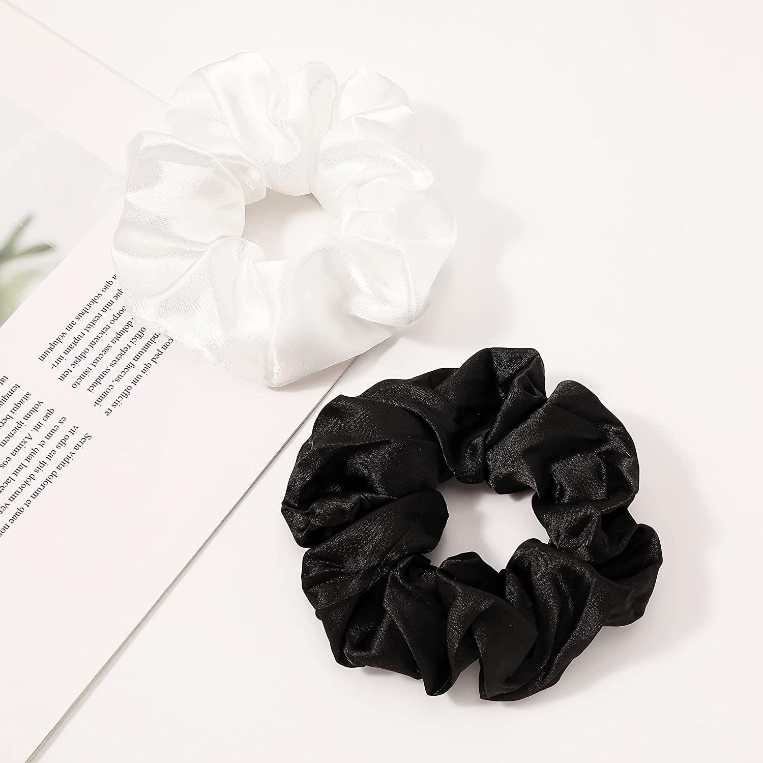 FAMEZA Silk Scrunchies Hair Ties for Women & Girls - No Damage Hair Bands for Thick Hair, Soft Ponytail Holders (2 Pack, Black & White) - Perfect for Workouts, Office & Everyday Use