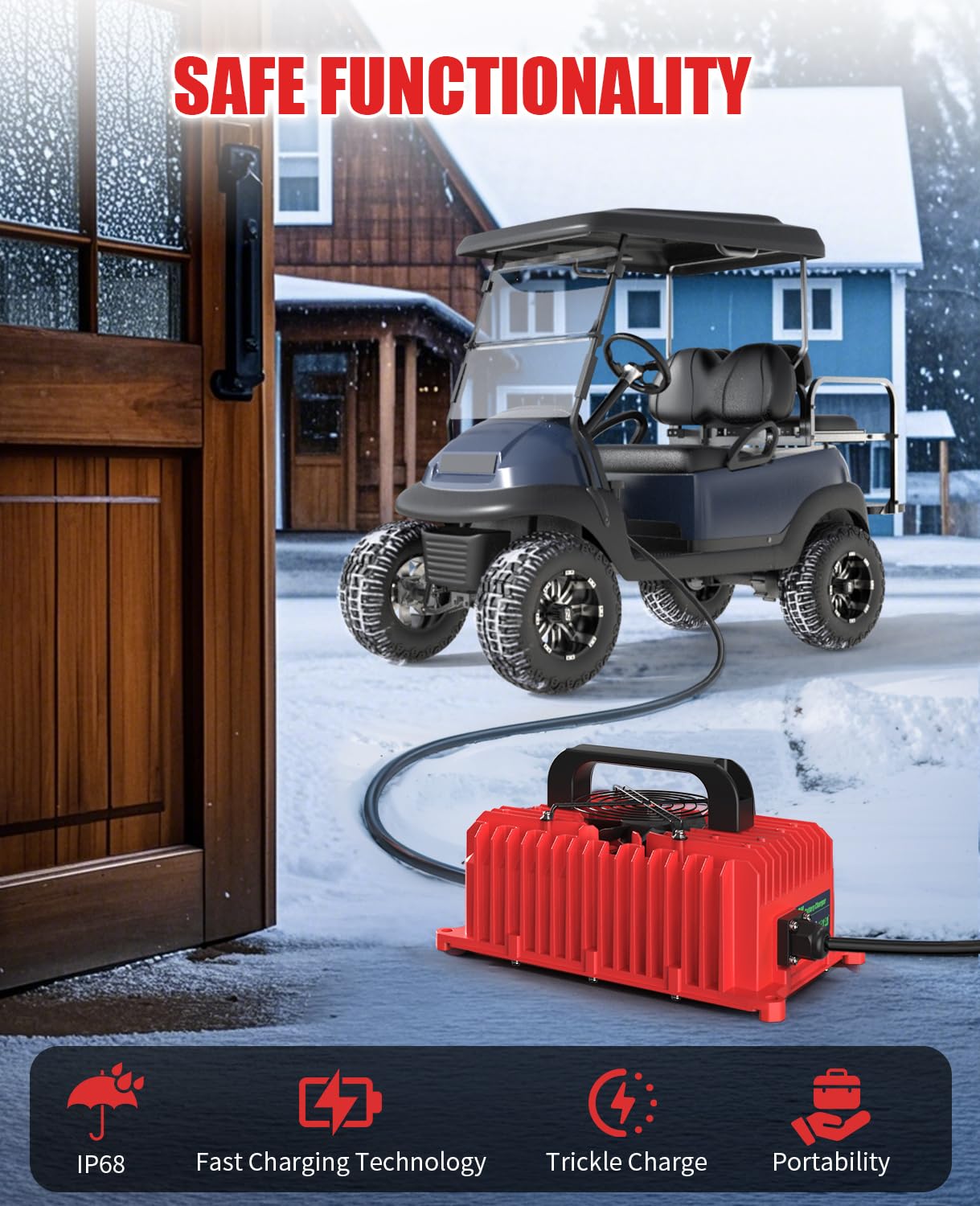 48V 15A Golf Cart Battery Charger for Club Car DS/Precedent - IP68 Waterproof Smart Charger with 3-Pin Round Plug & Trickle Charge (Red) - Perfect for Golf Carts, Utility Vehicles & Outdoor Power Equipment