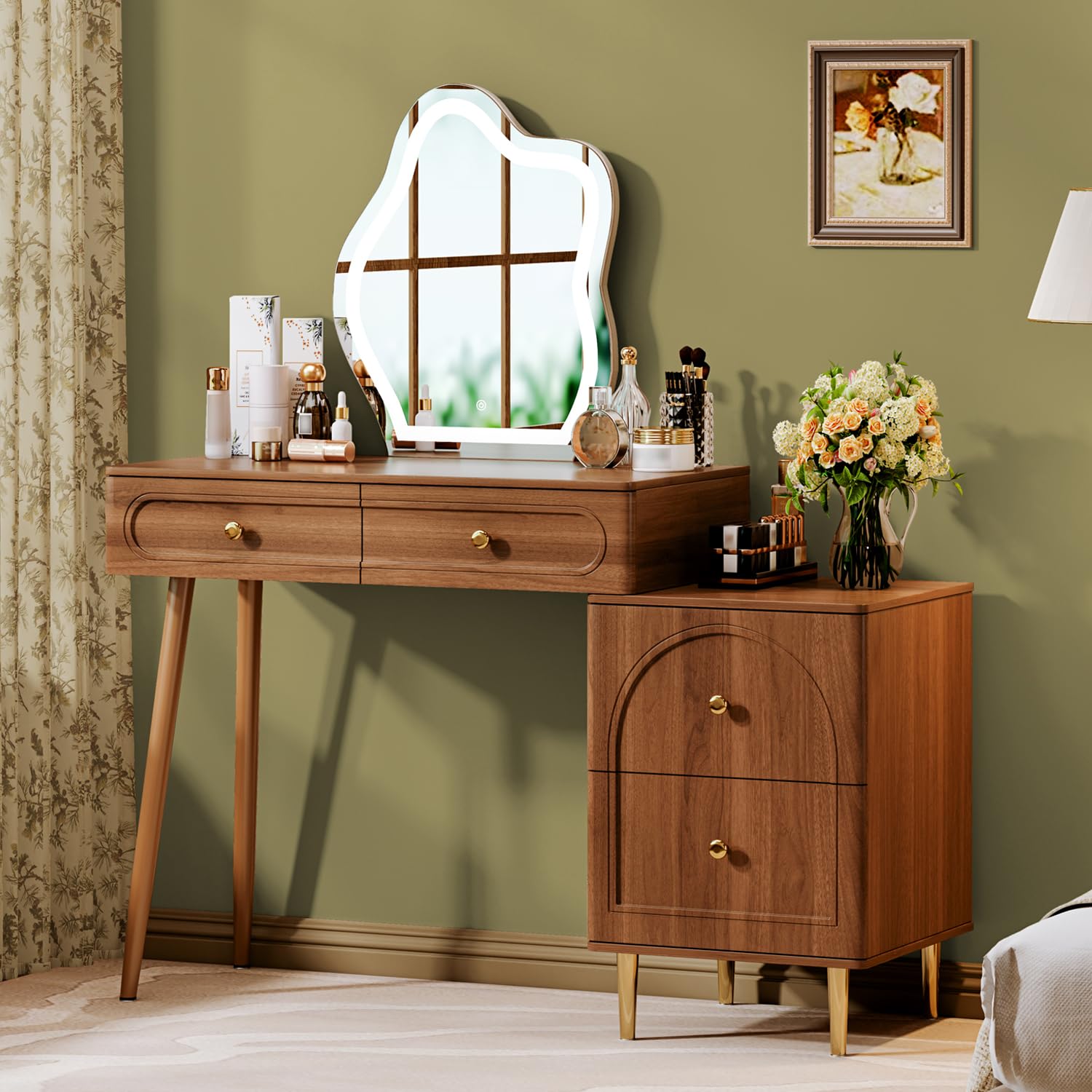 Brown Modern Corner Makeup Vanity Table with LED Lighted Mirror & 4 Spacious Drawers - Bedroom Dressing Desk with Nightstand, Minimalist Writing Desk for Women & Girls | Perfect for Small Spaces, Makeup Organization & Home Office Use