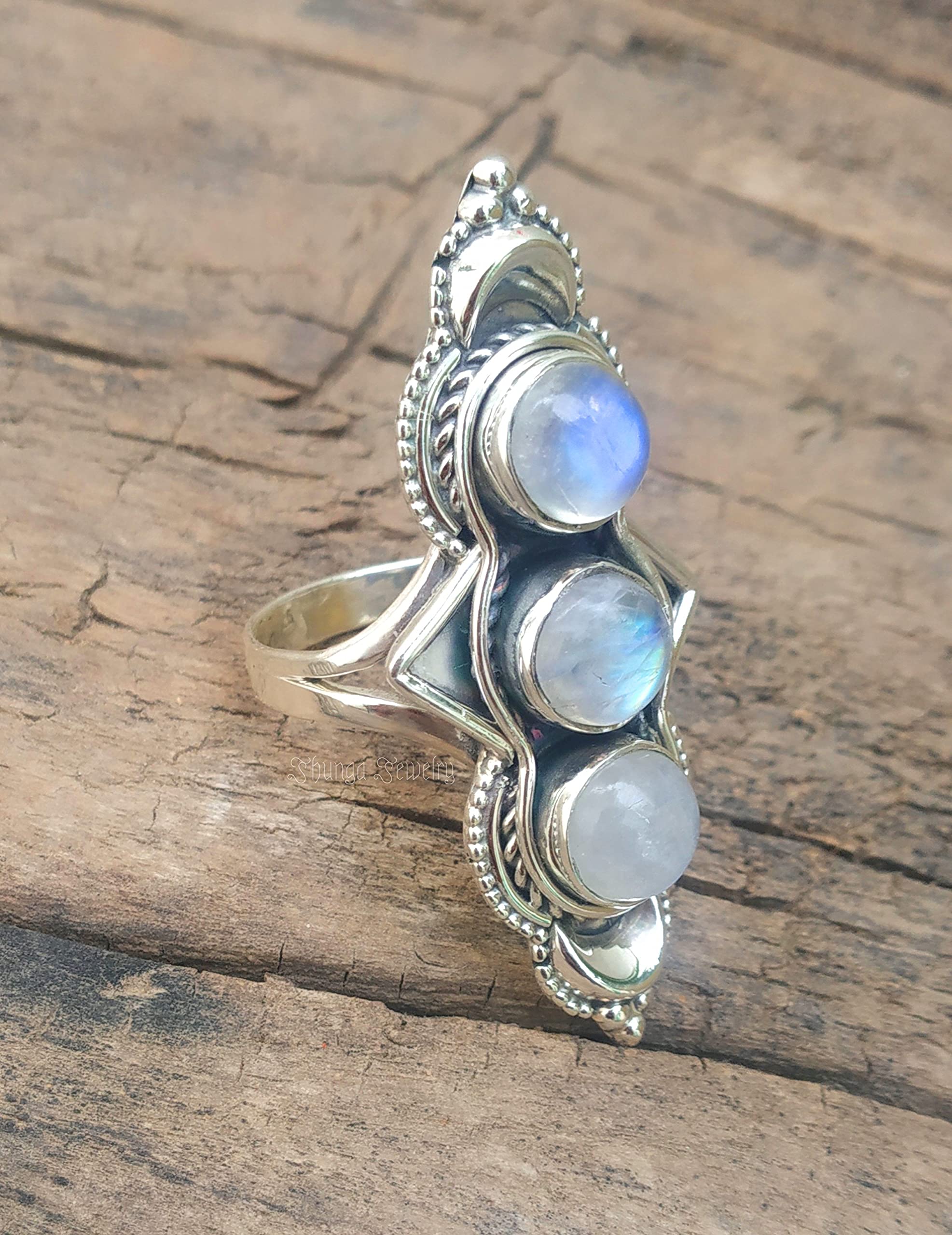 Genuine Rainbow Moonstone Ring - 925 Sterling Silver Statement Ring with Blue Flash, Three Stone Design for Women | Perfect for Weddings, Parties & Everyday Elegance