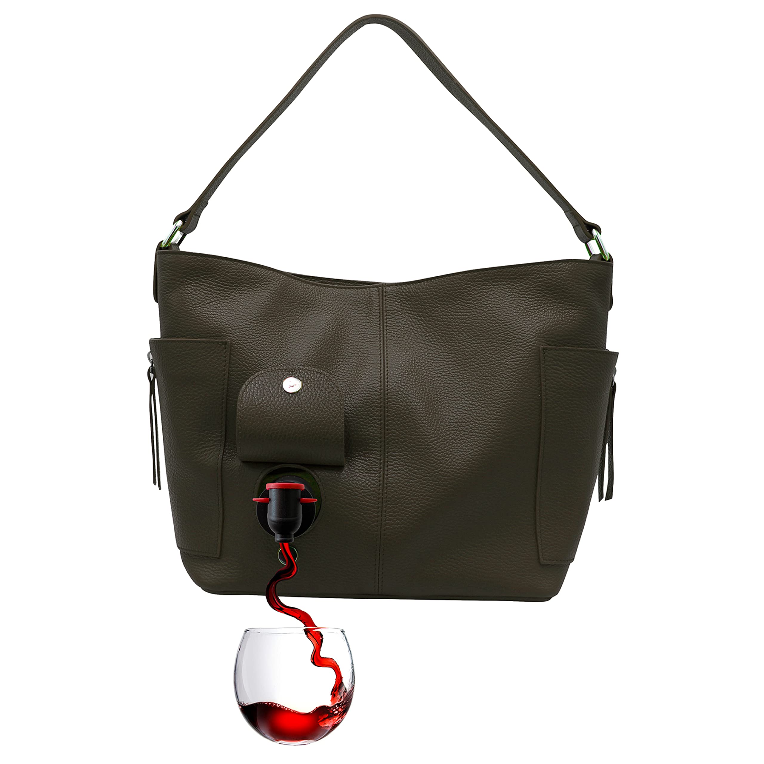 PortoVino Italian Leather Wine Purse with Hidden Spout & Dispenser - Holds 2 Bottles of Wine | Perfect for Travel, Concerts, Bachelorette Parties & Gifts | Premium Espresso Leather Wine Carrier for Women