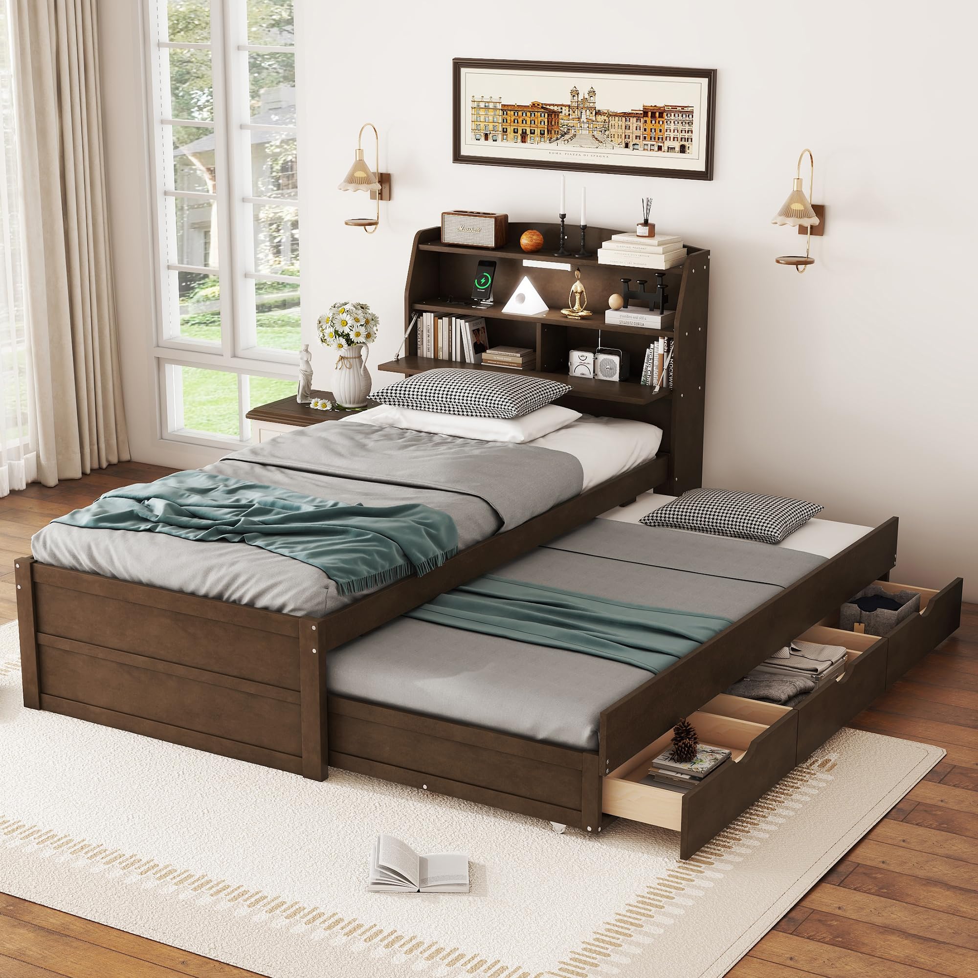 Wooden Twin Bed Frame with Trundle & Bookcase Headboard - Twin Size Captain Platform Bed with USB Charging Station & LED Lights for Kids, Teens, Boys & Girls - Brown - Perfect for Small Bedrooms, Guest Rooms & Kids' Rooms