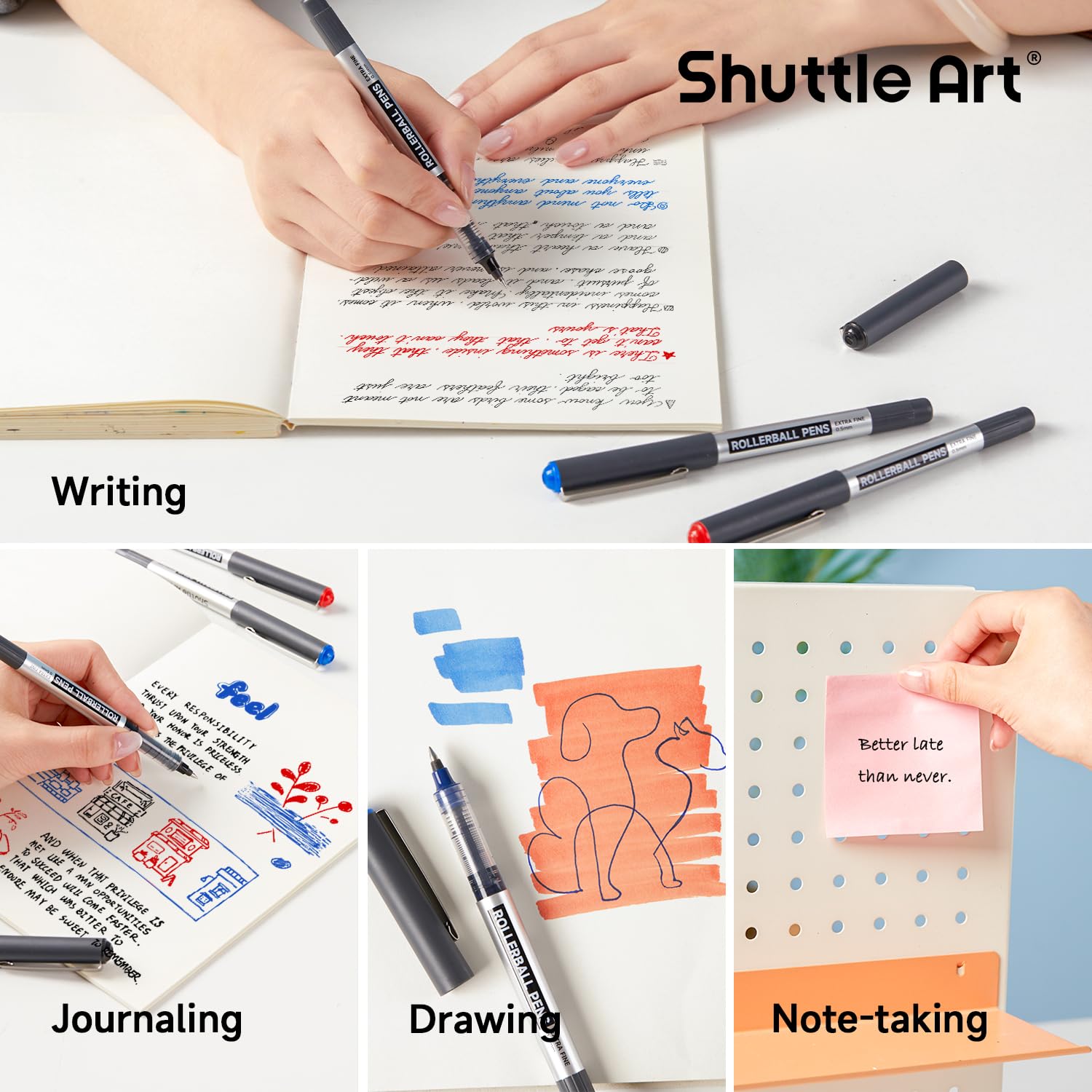 Shuttle Art 25-Pack Rollerball Pens (21 Black, 2 Blue, 2 Red) - 0.5mm Fine Point Liquid Ink Pens for Smooth Writing - Perfect for Journaling, Note Taking, School & Office Use