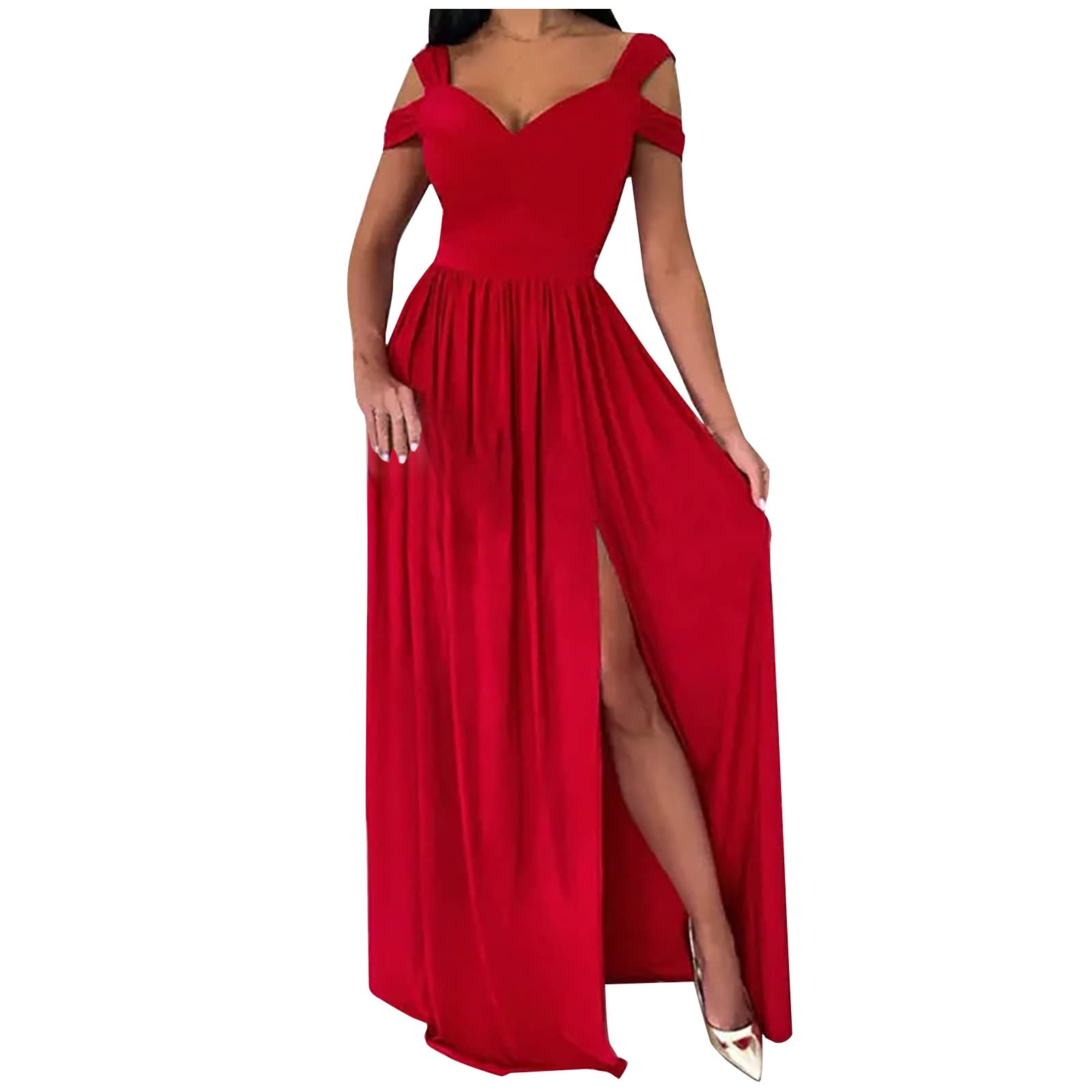 Elegant Off Shoulder V-Neck Pleated Maxi Dress for Women - Sexy Formal Cocktail Dress with High Slit for Wedding Guest, Party, Evening Gala & Special Occasions