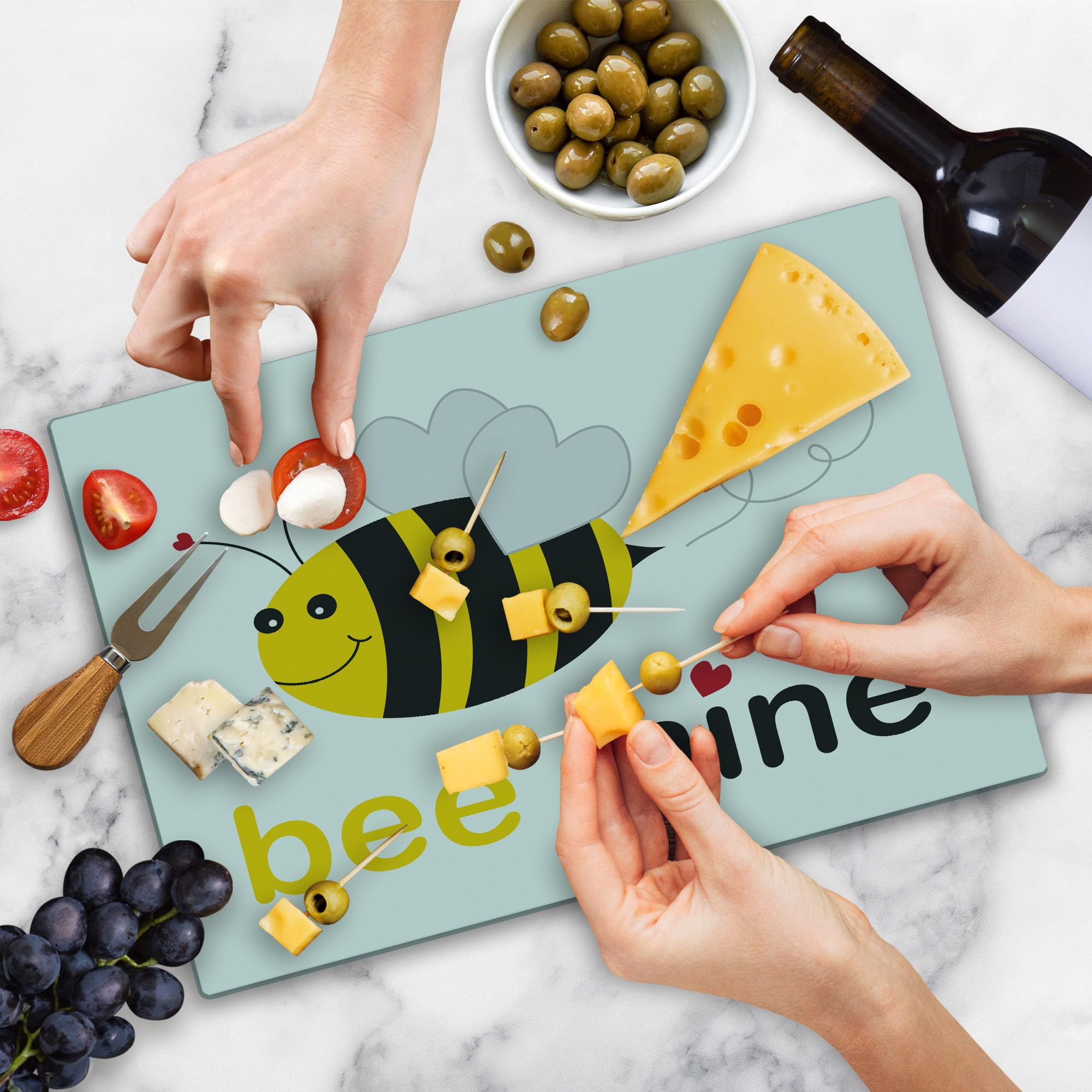 Ambesonne Honey Bee Cutting Board - Bee Mine Romantic Heart-Shaped Wings Design, Decorative Tempered Glass Serving Board for Kitchen & Dining - Large Size in Yellow, Charcoal Grey, Pale Grey & White - Perfect for Valentine's Day Gifts, Anniversary Presents & Home Decor