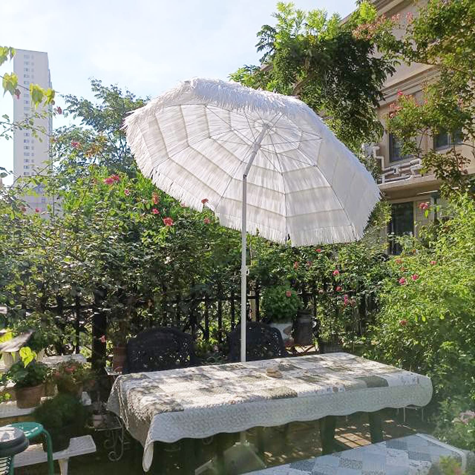 ALJY 6.5ft Round White Hawaiian Straw Garden Umbrella - Adjustable Height Reclining Parasol for Outdoor, Beach, Wedding, Party, Balcony & Terrace Decor | Perfect for Poolside Lounging, Patio Dining and Tropical Themed Events