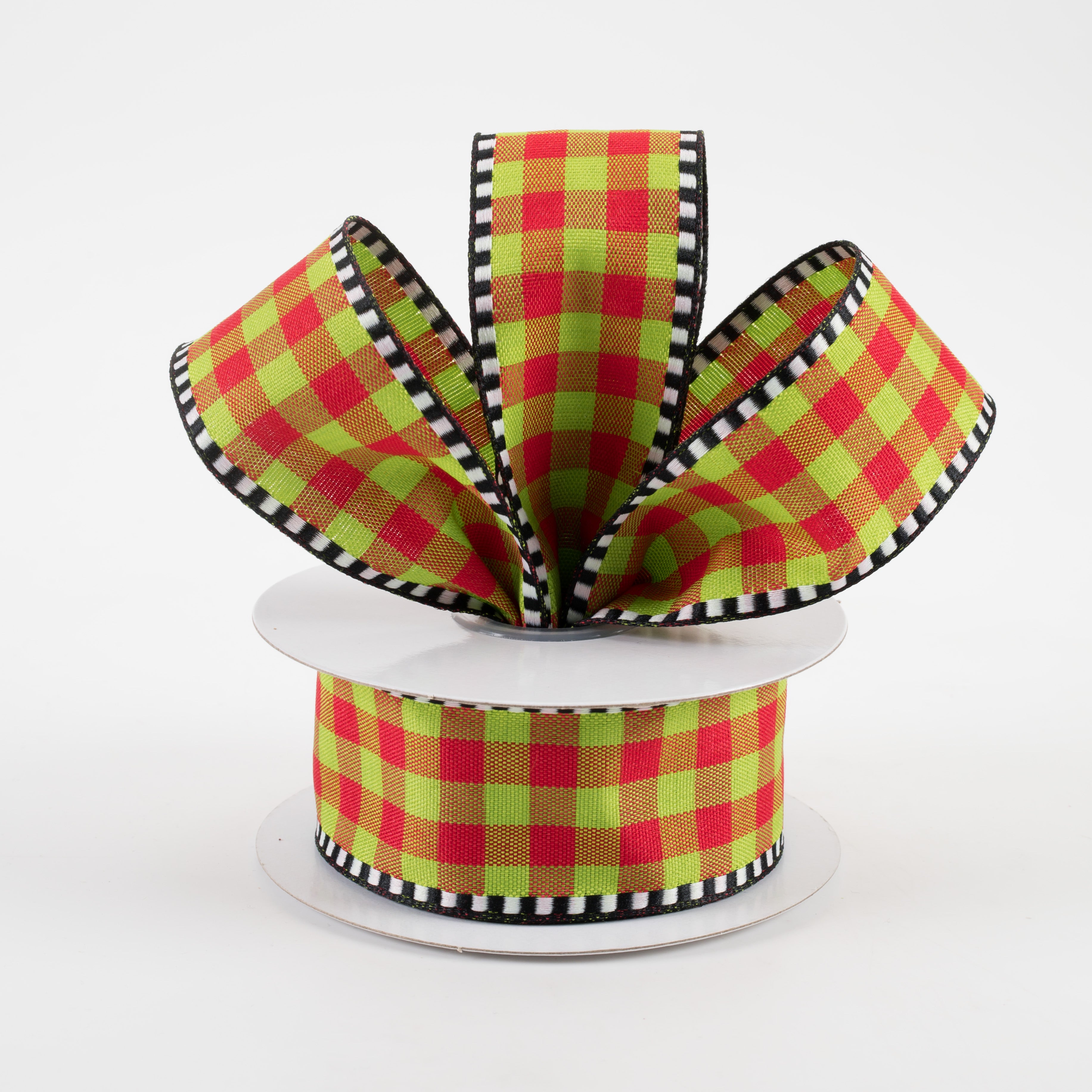 1.5 Inch Dashed Edge Check Plaid Ribbon - Red & Lime Green Grosgrain Ribbon (10 Yards) for Gift Wrapping, DIY Crafts, Scrapbooking & Party Decorations