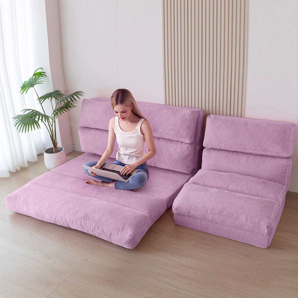 MAXYOYO Corduroy Bean Bag Folding Sofa Bed - Extra Wide Foldable Floor Mattress in Purple | Perfect for Living Room Lounging, Guest Bed & Dorm Room Comfort