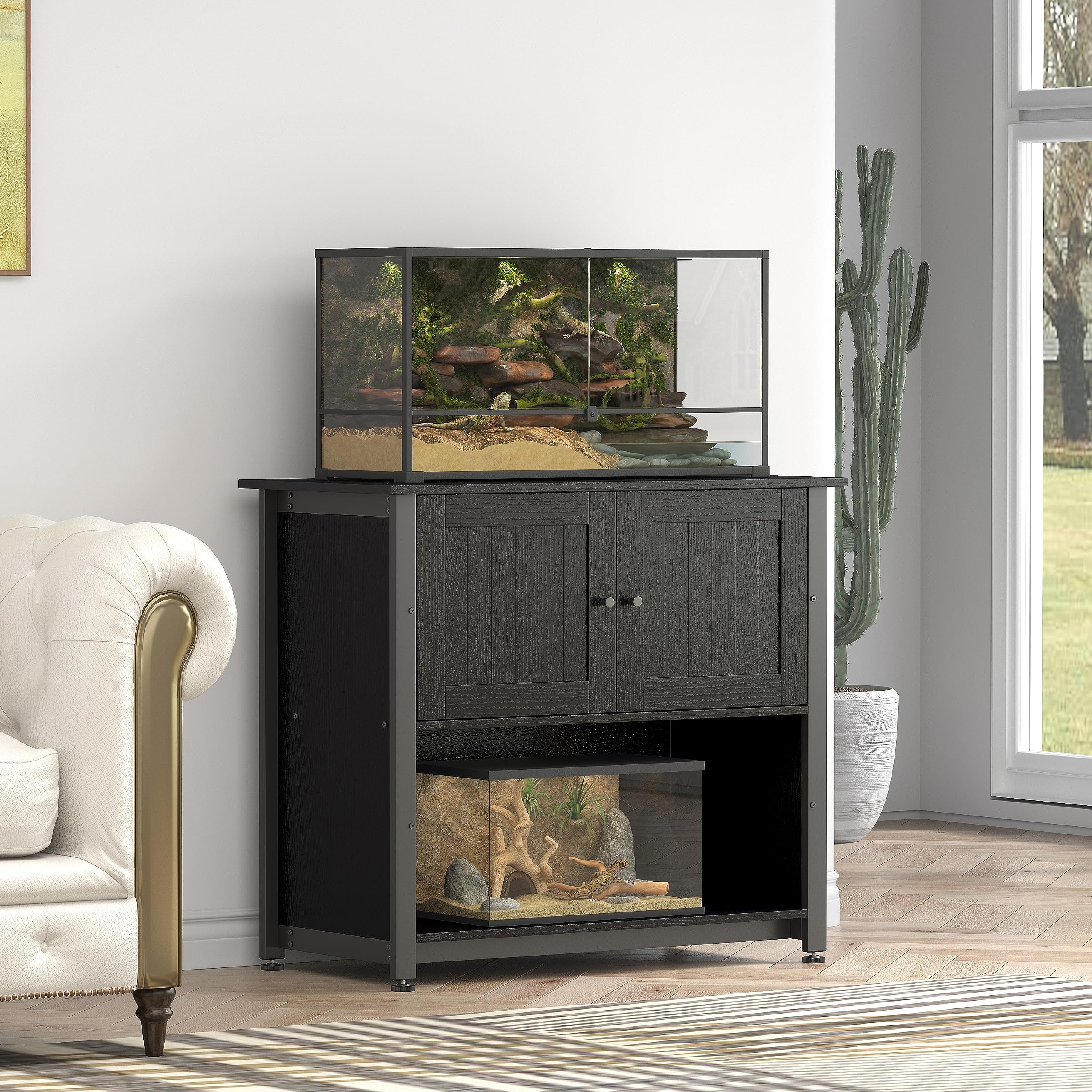 Tatub 40-50 Gallon Fish Tank Stand with Cabinet - Heavy Duty Metal Aquarium Stand for Reptile Tanks & Turtle Terrariums - 1000LBS Capacity, Storage for Accessories, Fits 2 Aquariums - Black | Perfect for Home, Office & Pet Store Displays