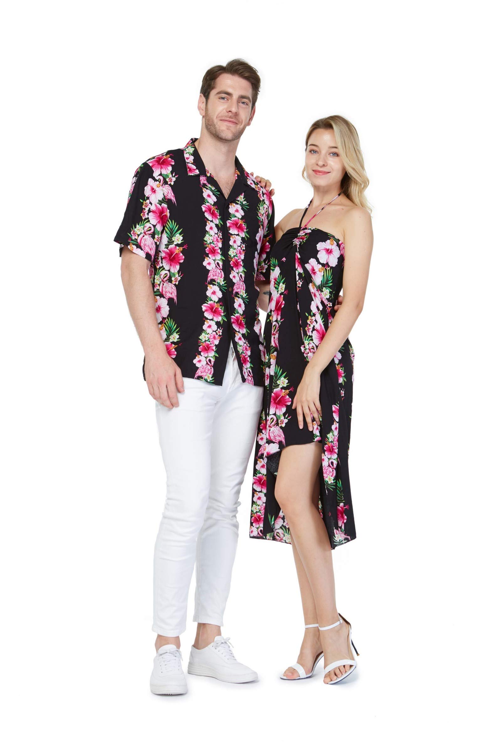 Matching Couple Hawaiian Luau Shirts - Tropical Hibiscus Print Cruise Party Outfits for Him & Her | Perfect for Beach Vacations, Summer Parties and Tropical Themed Events