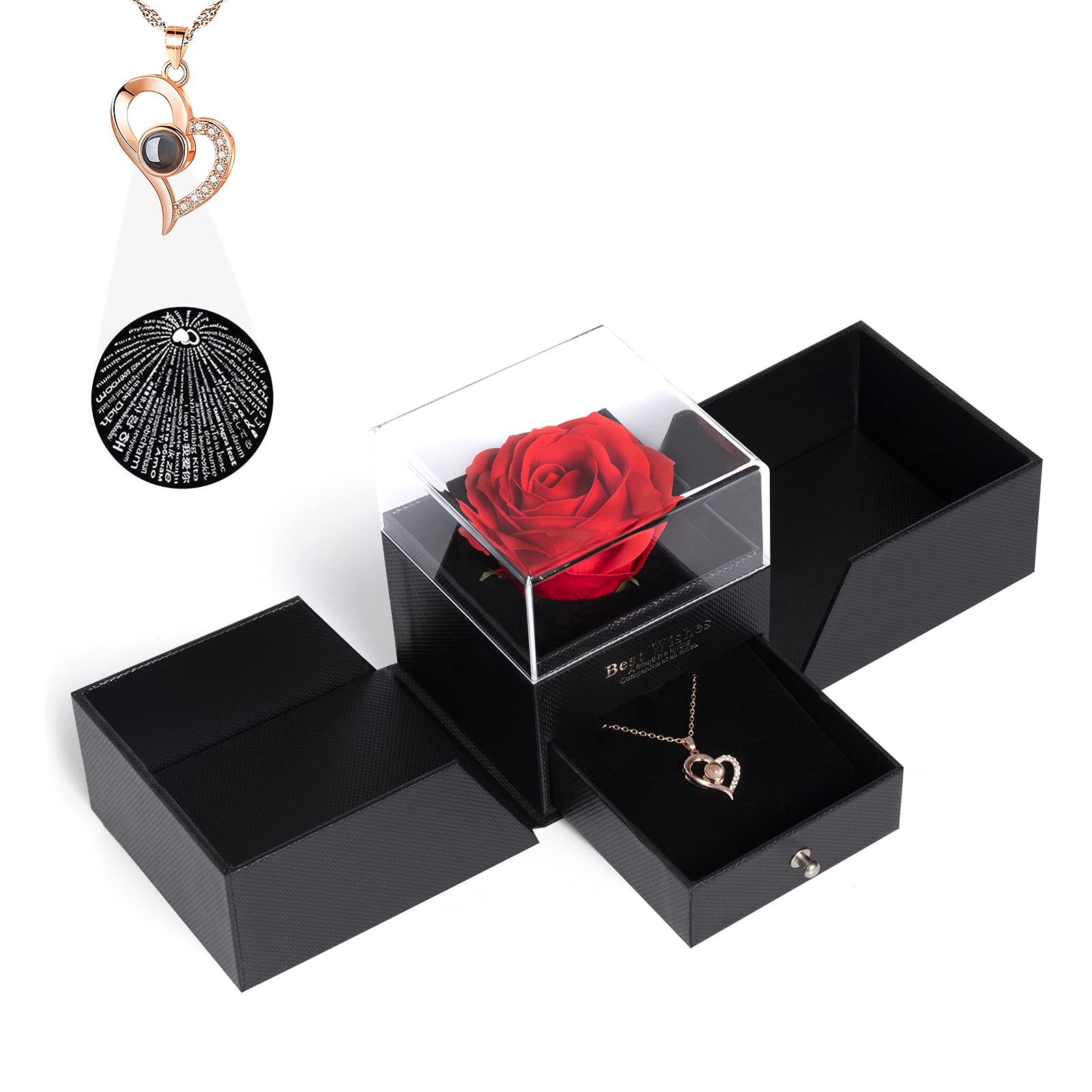 100 Languages 'I Love You' Necklace - Eternal Preserved Rose Romantic Valentine's Day Gift for Her, Birthday Present for Girlfriend, Wife, Couples | Anniversary, Wedding, Proposal Jewelry Gift Idea