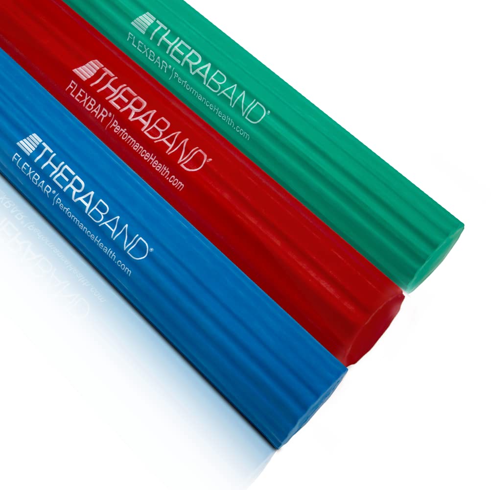 THERABAND FlexBar Resistance Bar for Tennis Elbow & Golfers Elbow - 3 Pack (Light/Medium/Heavy) with Red, Green, Blue Bars - Relieve Tendonitis Pain & Improve Grip Strength - Perfect for Physical Therapy, Rehabilitation & Sports Training