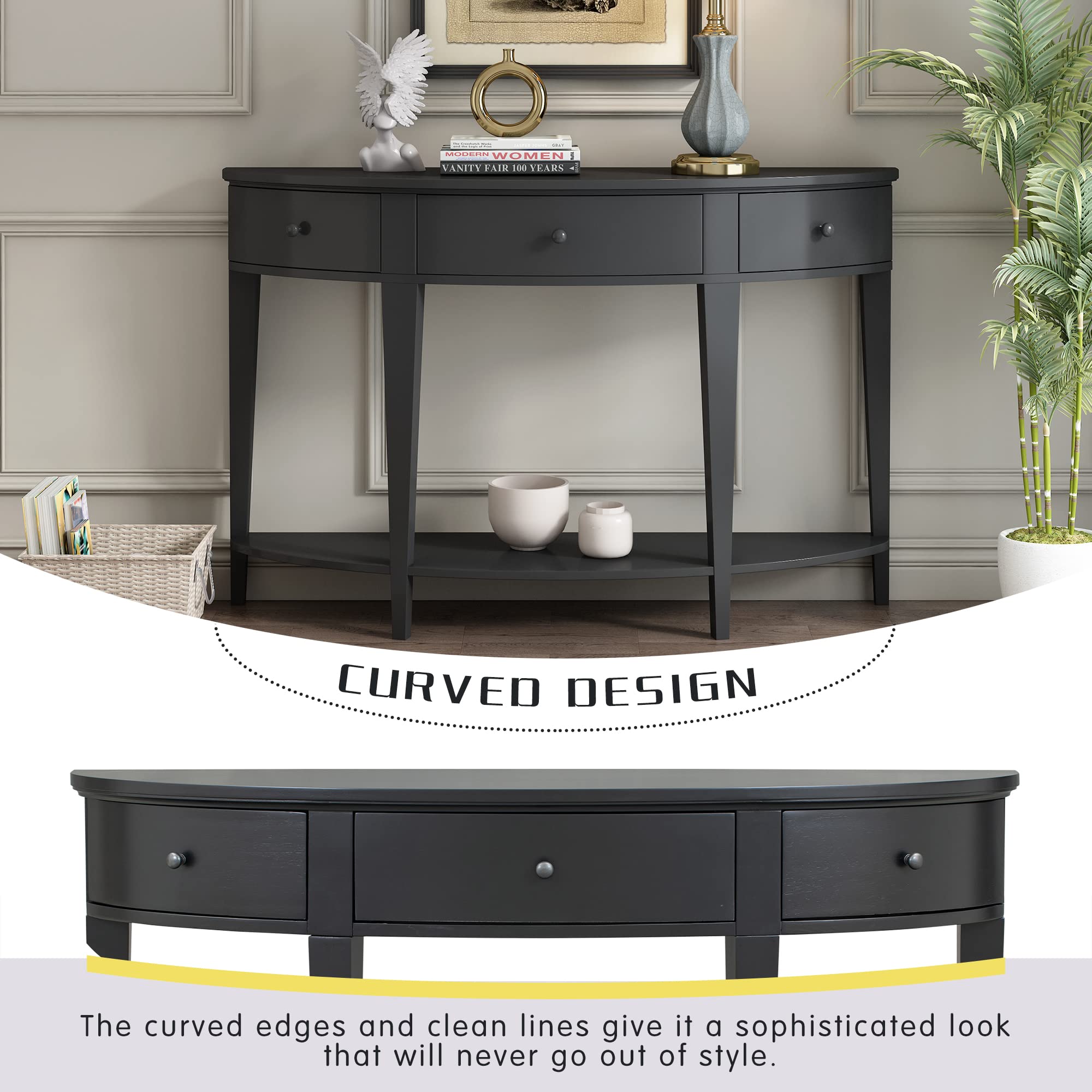 Modern Curved Console Table with Drawer - Solid Wood Entryway Table with Open Shelf for Hallway, Living Room & Foyer - Stylish Black Sofa Table for Home Decor & Small Space Organization