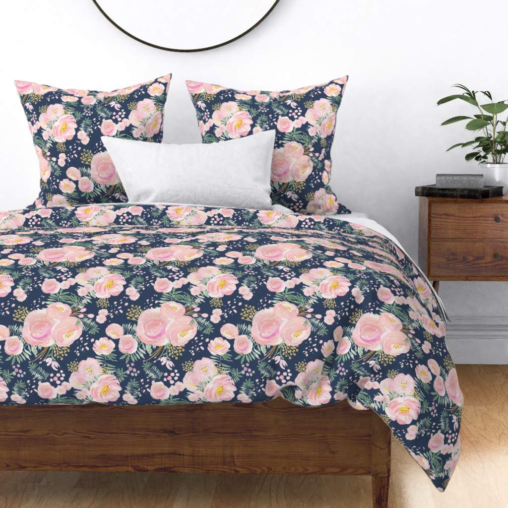 Bohemian Floral Cotton Sateen Duvet Cover Twin Size - Navy Blue Pink Gold Watercolor Flower Bouquet Print | Soft Bedding for Girls' Nursery, Chic Boho Bedroom Decor