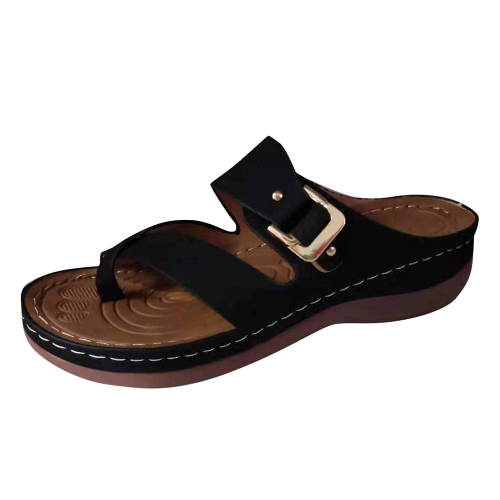 **Women's Summer Wedge Sandals with Metal Buckle & High Arch Support - Comfortable Large Size Slippers for Walking & Beach (Black, US 8)**