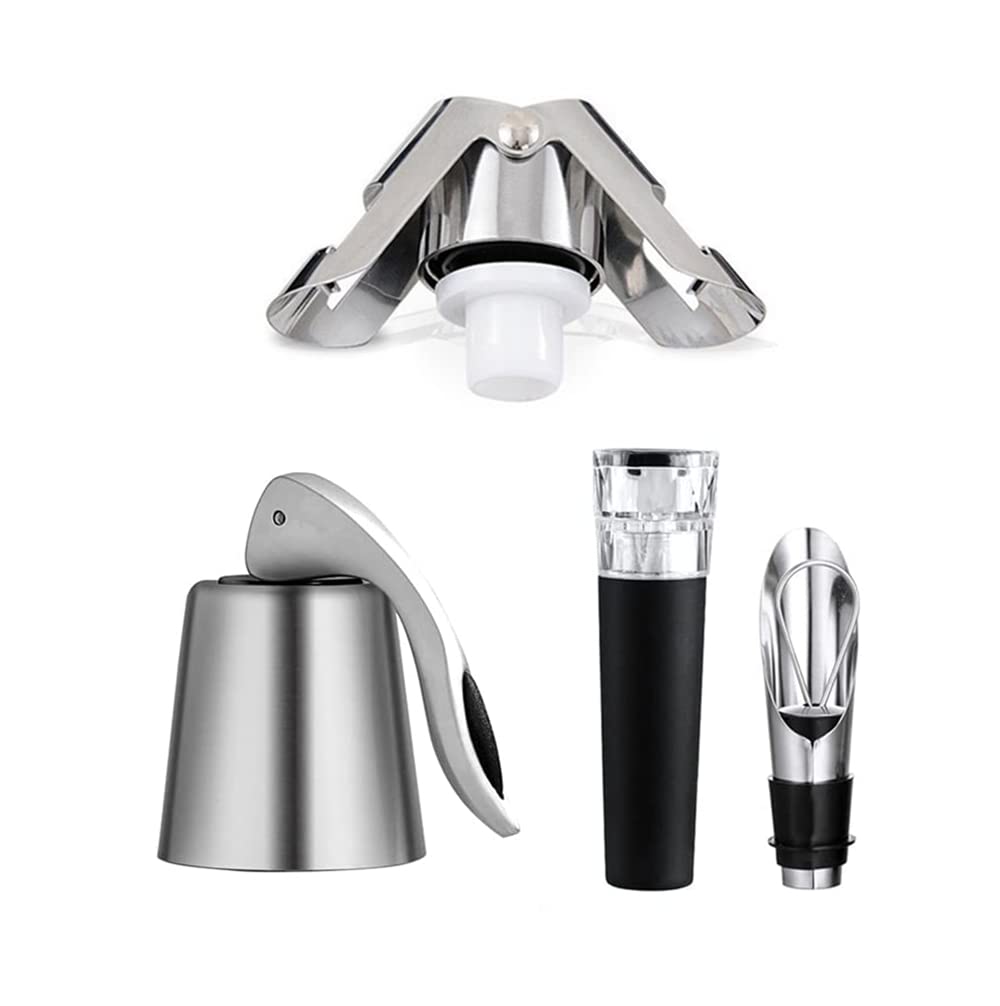 Premium Set of 4 Stainless Steel Wine Stoppers - Reusable Vacuum Wine Saver, Champagne Stopper & Wine Pourer for Preserving Freshness | Perfect for Parties, Gifts & Home Bars