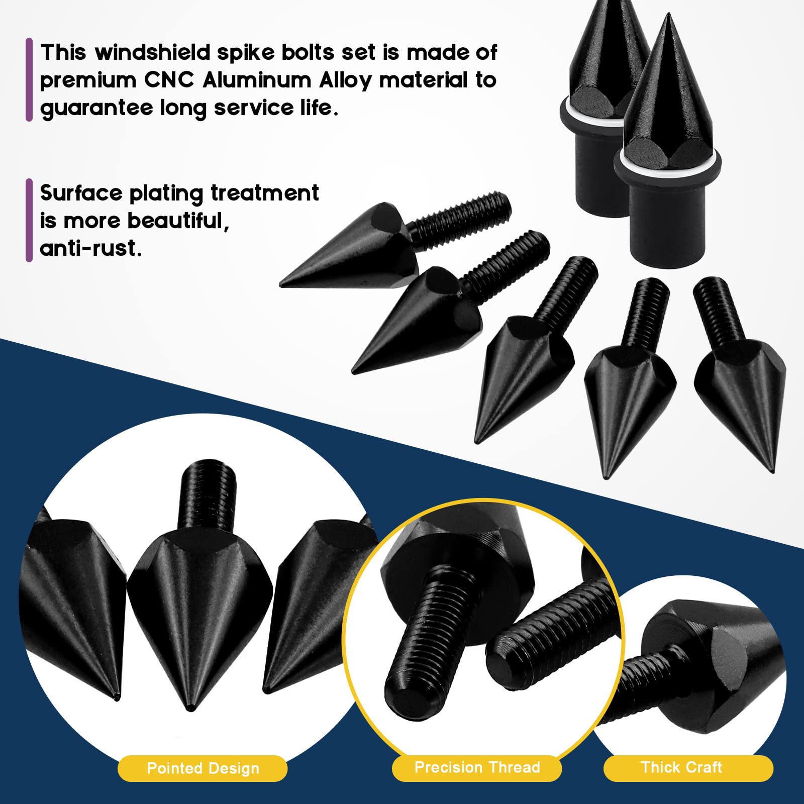 Swpeet 15Pcs Motorcycle Windscreen Screws Kit - Black Aluminum Spike Bolts for Bike Mods & Customization