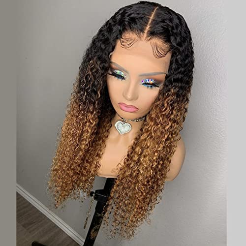 Ombre Kinky Curly 13x4 Lace Front Wig for Black Women - 150% Density Brazilian Human Hair Wig in 1B30 Brown with Baby Hair | 10 Inch V-Part Lace Wig for Daily Wear, Parties & Special Occasions