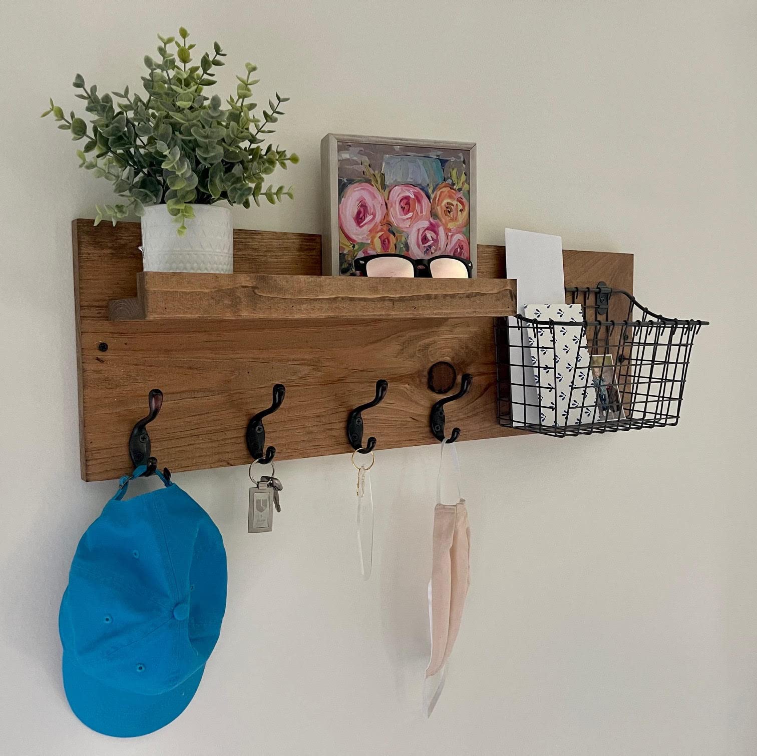 Wall Mounted Entryway Organizer with Mail Basket, Key Hooks & Coat Hooks - Perfect for Home, Office & Apartment Organization