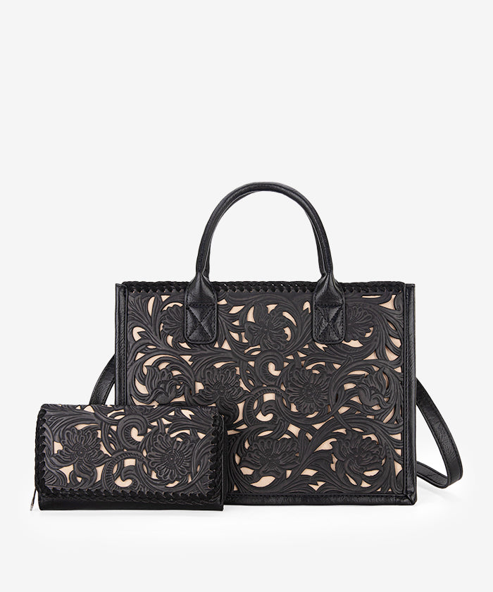 Trinity Ranch Genuine Leather Tooled Tote Bag - Western Style Handbag for Women, Perfect for Work, Travel and Everyday Use