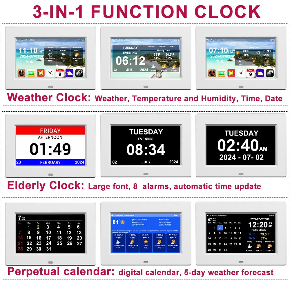 7 Inch Digital Weather Clock with Temperature & Humidity Display - Alarm Clock with Indoor/Outdoor Sensor (White) - Perfect for Home, Office, and Bedroom Use