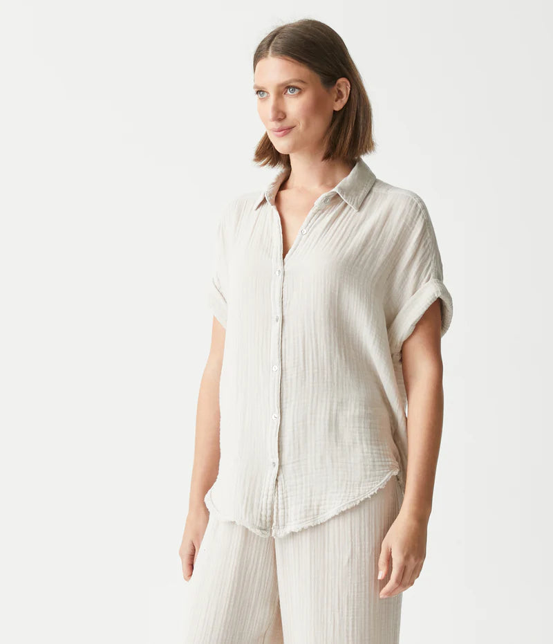 Bailey Gauze Button Down Shirt for Women - Soft Breathable Casual Blouse in Cement Color - Perfect for Office, Weekend Outings and Summer Travel
